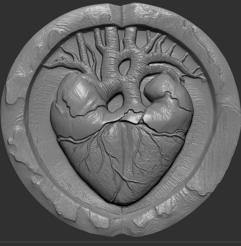 Round bas-relief wood carving of an anatomical human heart seamlessly merging with tree branches and roots, symbolizing life and love. The heart’s arteries extend upward like a tree of life canopy, while veins form organic roots below. Encased in a circular frame with natural wood texture and deep relief detail, this sculptural design evokes romance, vitality, and sacred connection, ideal for CNC carving or 3D printed wall decor.