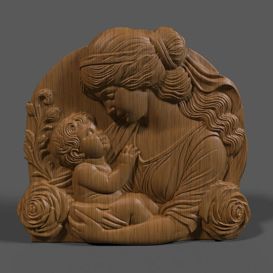Mother & Child 3D Relief Model: CNC, Wood Carving, 3D Printing (STL Digital Download)