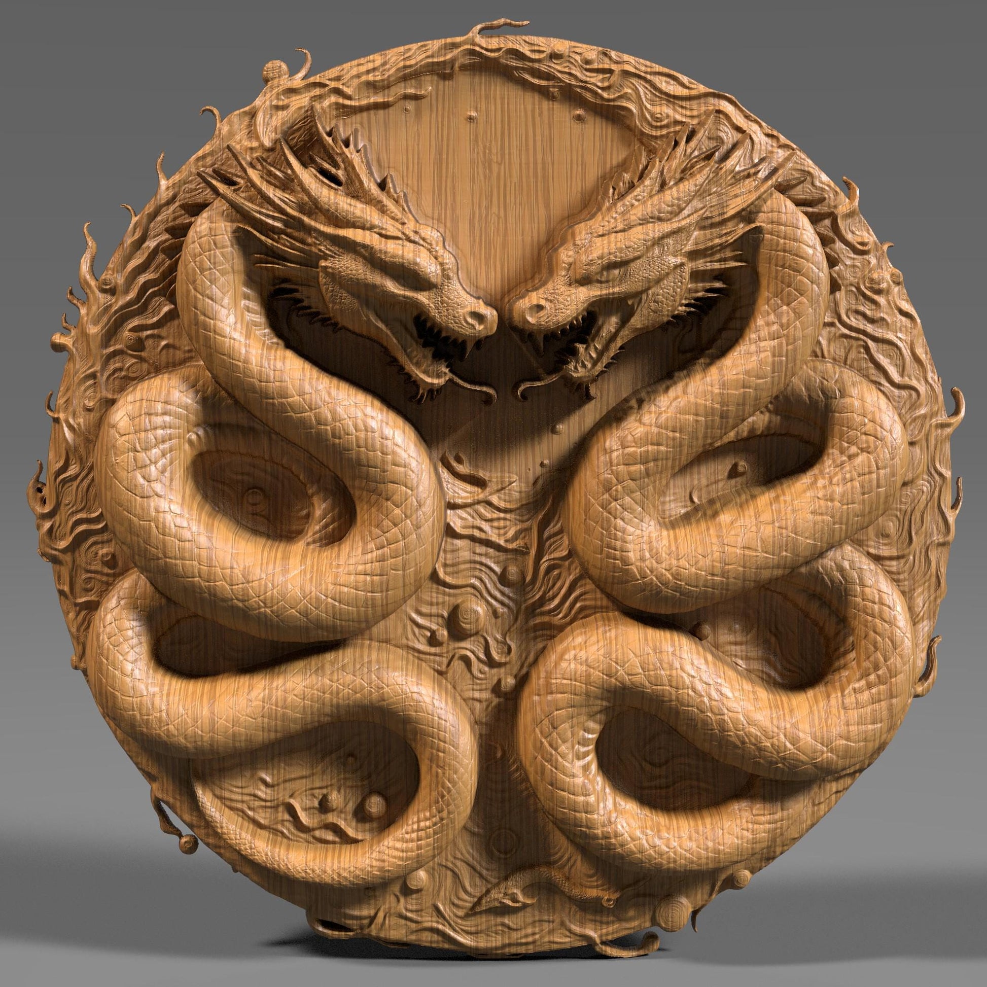 Intricately designed 3D STL relief of two entwined Chinese dragons, symbolizing balance, power, and harmony. Perfect for CNC wood carving, laser engraving, and 3D printing. This highly detailed digital download features realistic dragon scales, fierce expressions, and swirling cloud patterns, embodying Yin Yang energy. Ideal for wall art, Asian-inspired decor, Feng Shui, and Chinese Zodiac Year of the Snake celebrations. Great for artisans, woo.dworkers, and makers