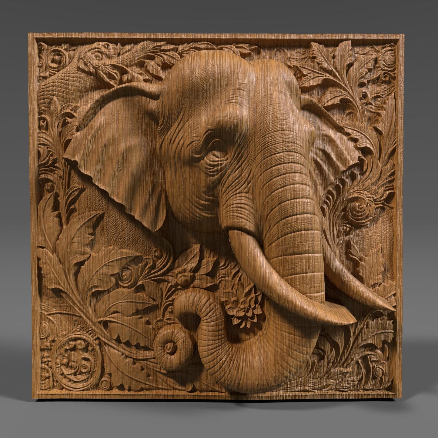 Intricately designed 3D STL relief of an elephant with floral and ornamental details, perfect for CNC wood carving, laser engraving, and 3D printing. This high-quality digital download features a majestic elephant with realistic textures, curved tusks, and a decorative jungle-inspired background. Ideal for wall art, wildlife decor, and nature-inspired sculptures. A great choice for artisans, woodworkers, and those who appreciate spiritual and cultural elephant symbolism.