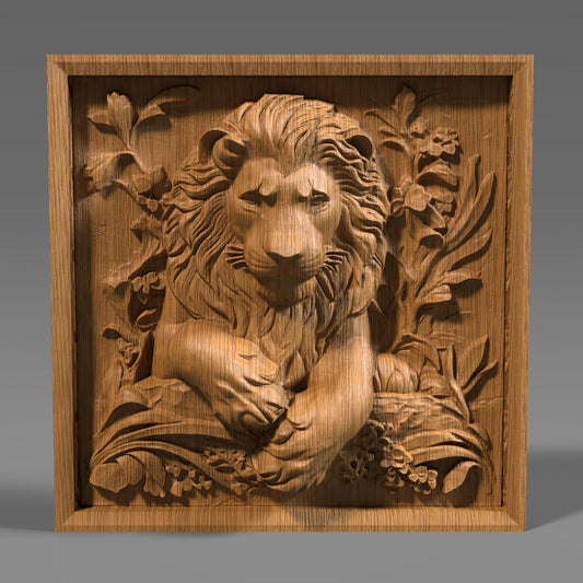 Majestic 3D STL relief of a lion surrounded by intricate floral and ornamental details, designed for CNC wood carving, laser engraving, and 3D printing. This highly detailed digital download features a powerful lion with a flowing mane, symbolizing strength, courage, and royalty. Ideal for wall art, wildlife decor, and nature-inspired sculptures. Perfect for artisans, woodworkers, and those who appreciate African wildlife, Leo zodiac symbolism, and regal craftsmanship.