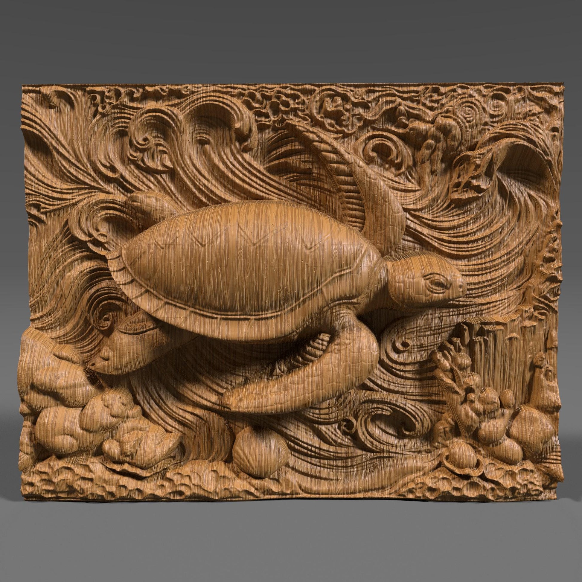 Highly detailed 3D STL relief of a sea turtle swimming through flowing ocean waves, designed for CNC wood carving, laser engraving, and 3D printing. This intricate digital download captures marine life with realistic textures and elegant movement, ideal for wall art, nautical decor, and ocean-inspired gifts. Perfect for artisans, woodworkers, and marine lovers looking to create stunning wooden sculptures, nature-themed artwork, or unique home decorations.