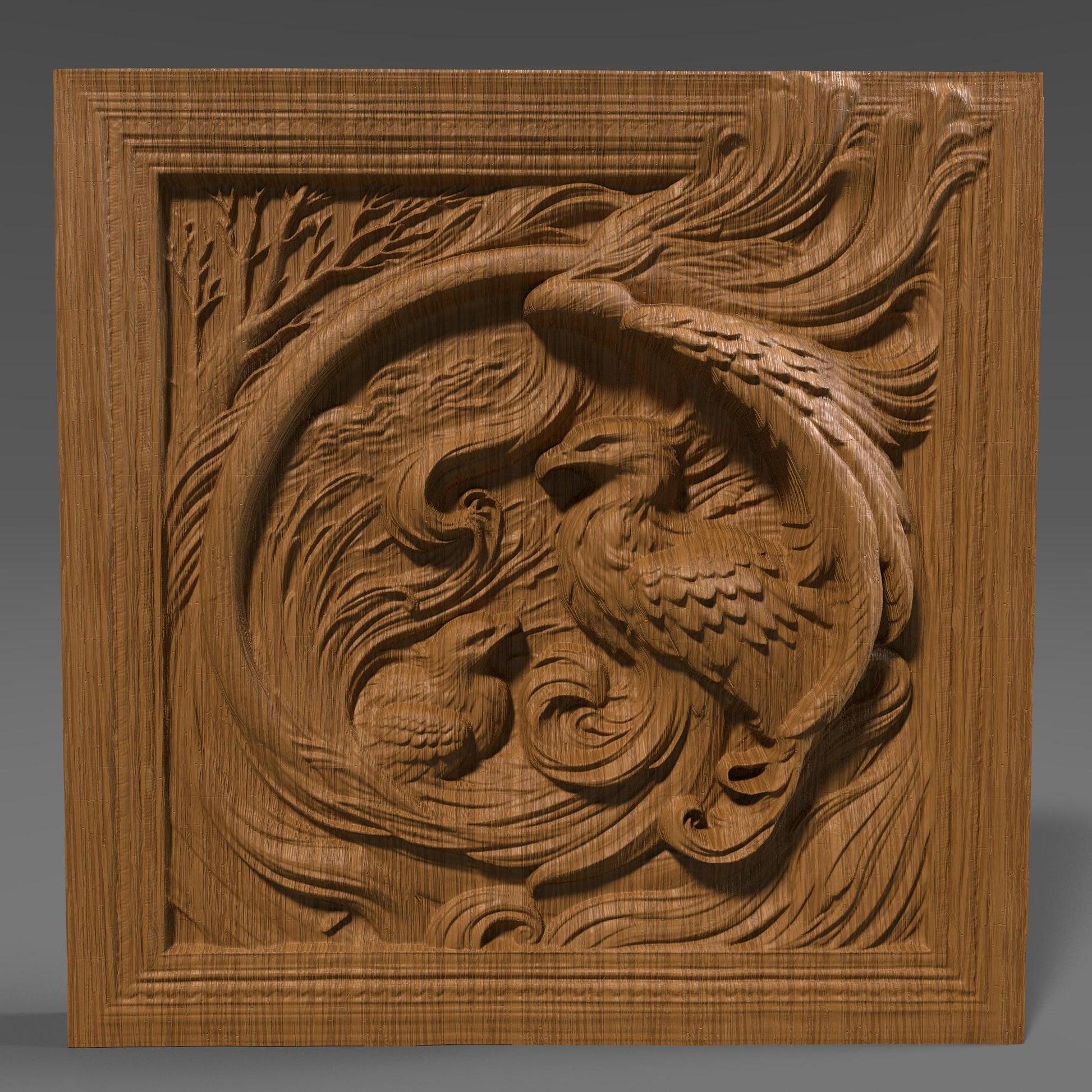 Jackie & Shadow 3D STL | Eagle Family series – Featuring a majestic phoenix bird in a dynamic bas relief design, symbolizing rebirth and strength. This square 3D model showcases swirling flames, detailed feathers, and elegant flow, perfect for CNC wood carving, laser engraving, or 3D printing. Ideal for fantasy wall art, spiritual decor, or mythical creature collections. High-quality digital download for makers and artisans.