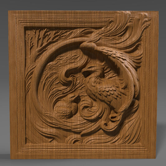 Jackie & Shadow 3D STL | Eagle Family series – Featuring a majestic phoenix bird in a dynamic bas relief design, symbolizing rebirth and strength. This square 3D model showcases swirling flames, detailed feathers, and elegant flow, perfect for CNC wood carving, laser engraving, or 3D printing. Ideal for fantasy wall art, spiritual decor, or mythical creature collections. High-quality digital download for makers and artisans.
