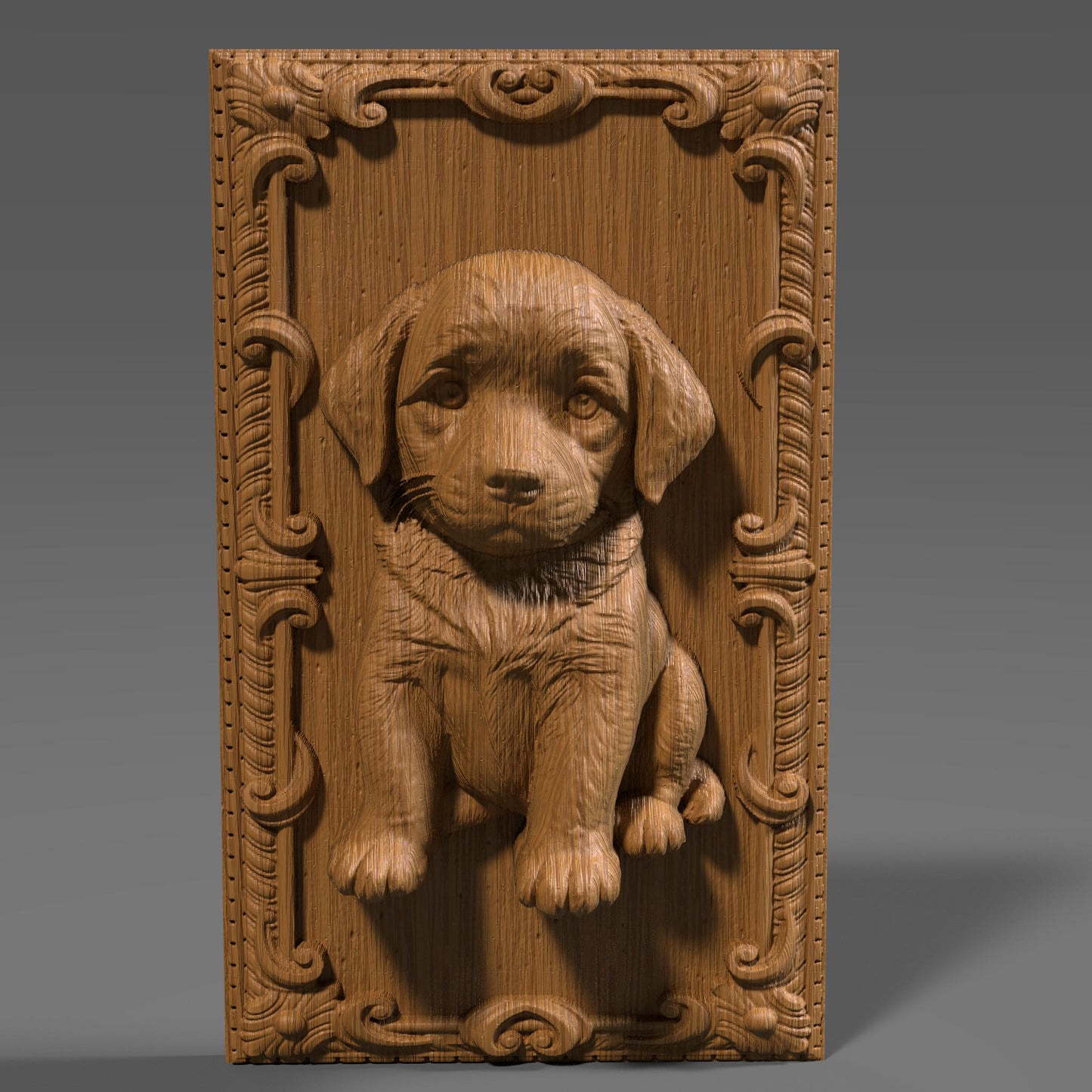 Highly detailed 3D STL bas relief of a Labrador Retriever puppy sitting in a decorative framed border, showcasing lifelike fur texture, soft eyes, and floppy ears. Ideal for CNC wood carving, laser engraving, and 3D printing in materials like wood, resin, or plastic. Perfect digital file for pet lovers, dog owners, and custom gift makers. This design captures the warmth and charm of the Labrador breed, great for personalized wall art, pet memorials, and handmade decor projects.