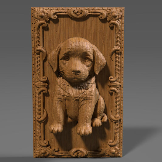 Highly detailed 3D STL bas relief of a Labrador Retriever puppy sitting in a decorative framed border, showcasing lifelike fur texture, soft eyes, and floppy ears. Ideal for CNC wood carving, laser engraving, and 3D printing in materials like wood, resin, or plastic. Perfect digital file for pet lovers, dog owners, and custom gift makers. This design captures the warmth and charm of the Labrador breed, great for personalized wall art, pet memorials, and handmade decor projects.