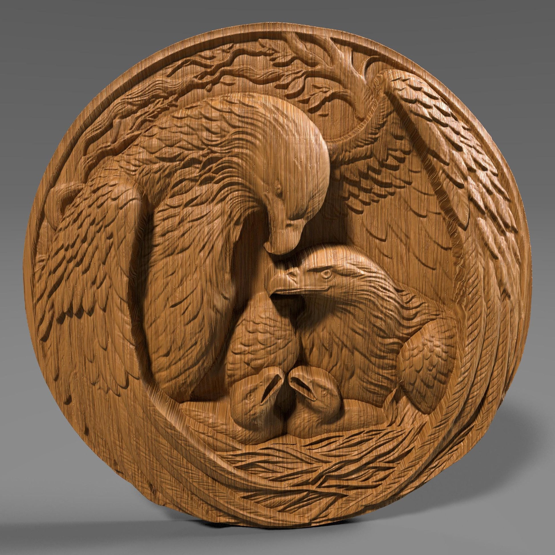 Jackie and Shadow 3D STL relief of a bald eagle family in their nest, symbolizing strength, protection, and unity. Designed for CNC wood carving, laser engraving, and 3D printing, this intricate digital download features lifelike feather details and a nurturing scene. Ideal for wildlife wall art, patriotic decor, and handmade gifts. Perfect for artisans, woodworkers, and nature lovers looking to create stunning wooden sculptures or American-inspired home decorations.