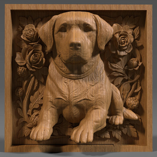 Highly detailed 3D STL bas relief of a Labrador Retriever puppy sitting in a decorative framed border, showcasing lifelike fur texture, soft eyes, and floppy ears. Ideal for CNC wood carving, laser engraving, and 3D printing in materials like wood, resin, or plastic. Perfect digital file for pet lovers, dog owners, and custom gift makers. This design captures the warmth and charm of the Labrador breed, great for personalized wall art, pet memorials, and handmade decor projects.