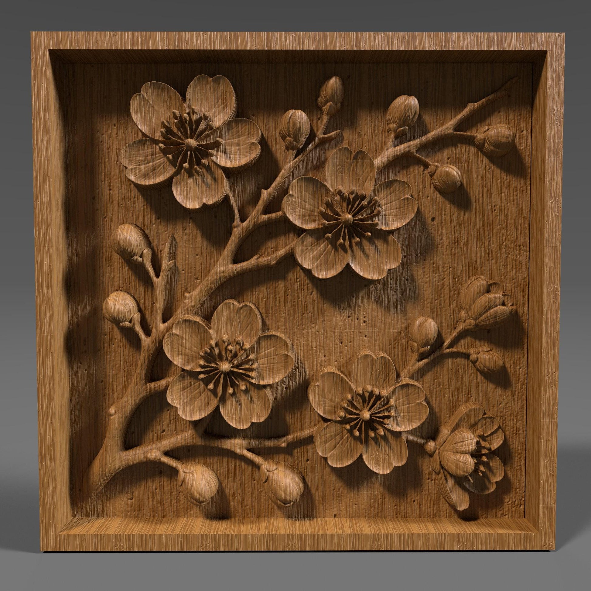Detailed 3D STL floral relief design featuring cherry blossom-style flowers and delicate branches, framed in a clean square layout. Ideal for CNC wood carving, laser engraving, or 3D printing on wood, resin, or stone. Perfect for creating elegant wall art, decorative panels, home décor, or gifts. The intricate petal shapes and natural composition add a touch of botanical beauty to any project, making it a standout digital download for craft and carving enthusiasts.