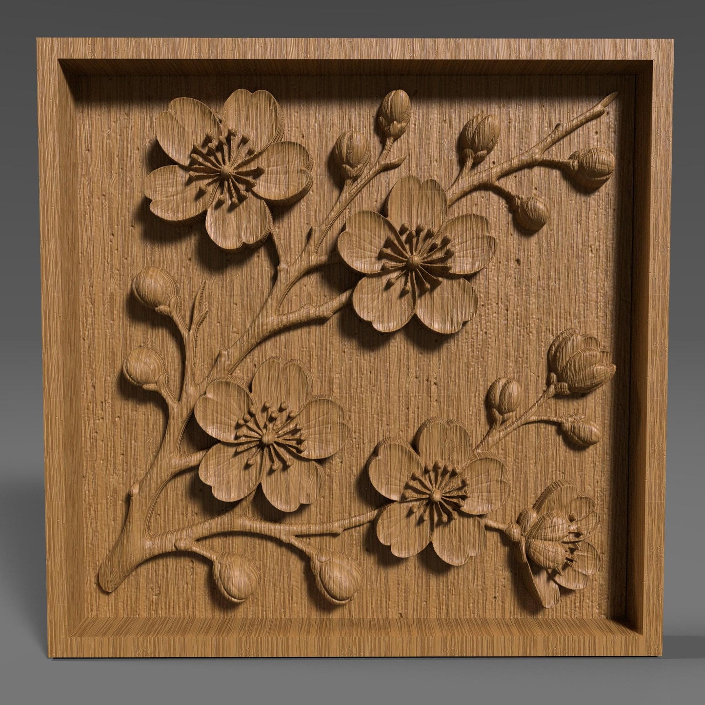 Detailed 3D STL floral relief design featuring cherry blossom-style flowers and delicate branches, framed in a clean square layout. Ideal for CNC wood carving, laser engraving, or 3D printing on wood, resin, or stone. Perfect for creating elegant wall art, decorative panels, home décor, or gifts. The intricate petal shapes and natural composition add a touch of botanical beauty to any project, making it a standout digital download for craft and carving enthusiasts.