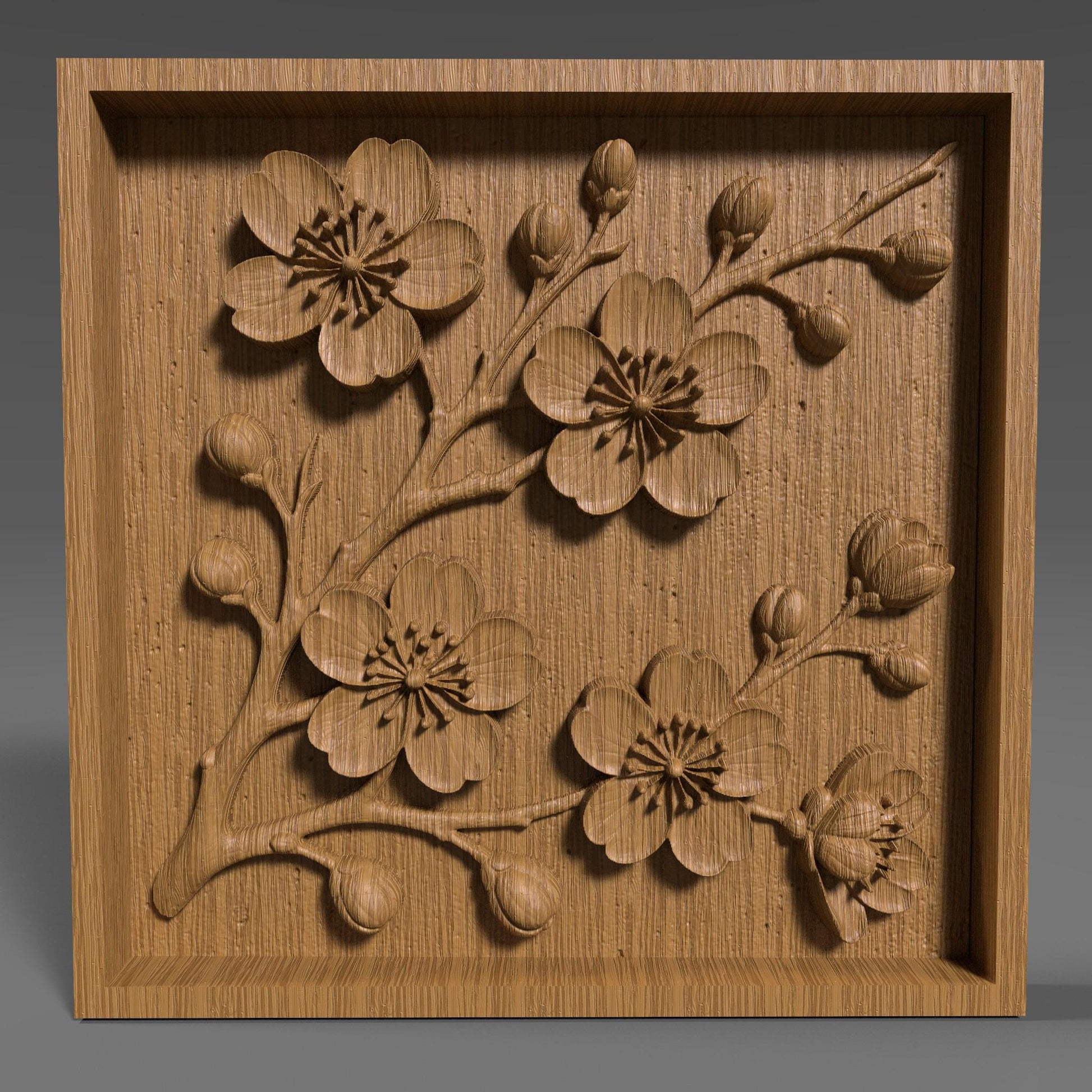Detailed 3D STL floral relief design featuring cherry blossom-style flowers and delicate branches, framed in a clean square layout. Ideal for CNC wood carving, laser engraving, or 3D printing on wood, resin, or stone. Perfect for creating elegant wall art, decorative panels, home décor, or gifts. The intricate petal shapes and natural composition add a touch of botanical beauty to any project, making it a standout digital download for craft and carving enthusiasts.