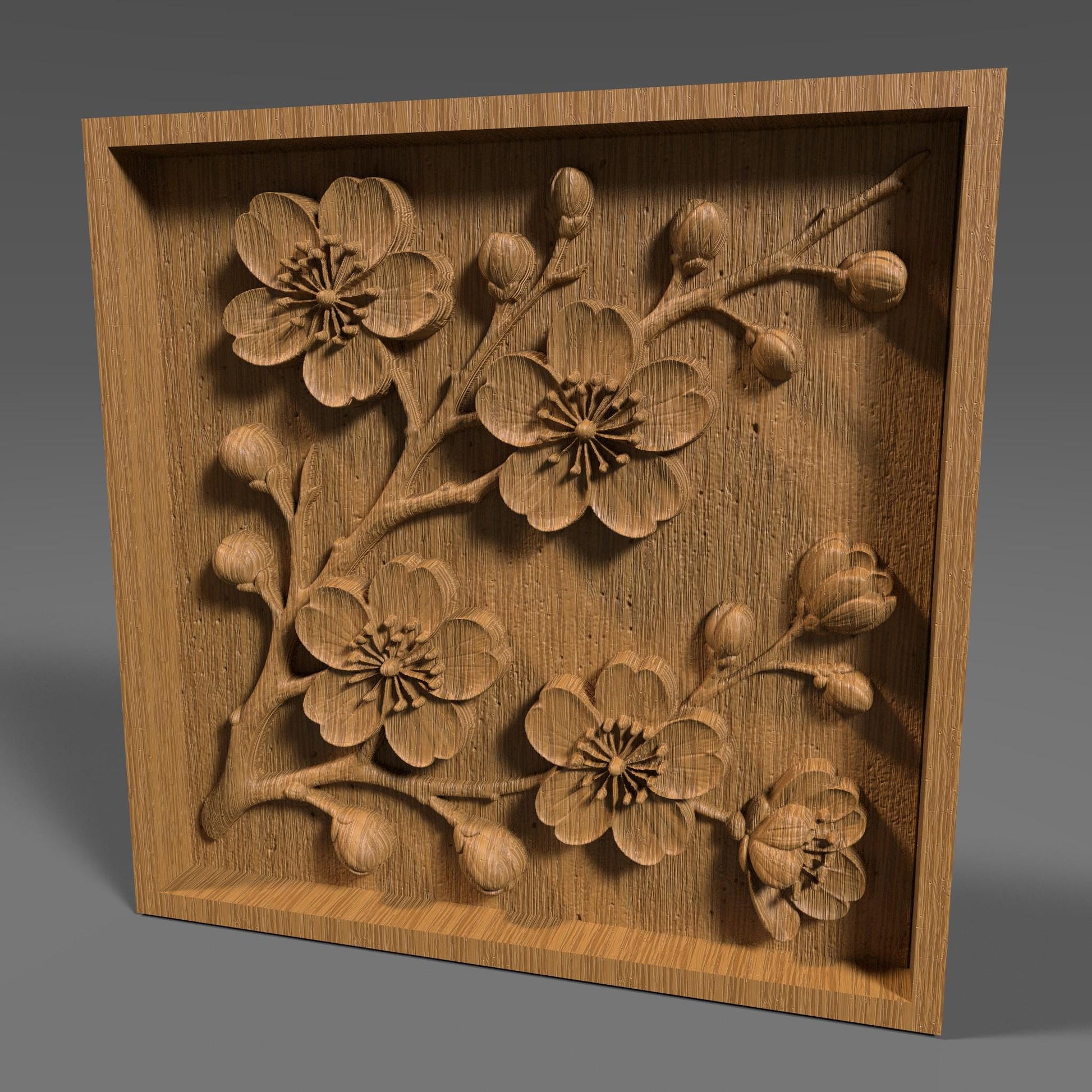 Cherry Blossom 3D STL File: Floral Wood Carving Panel (Digital Download)
