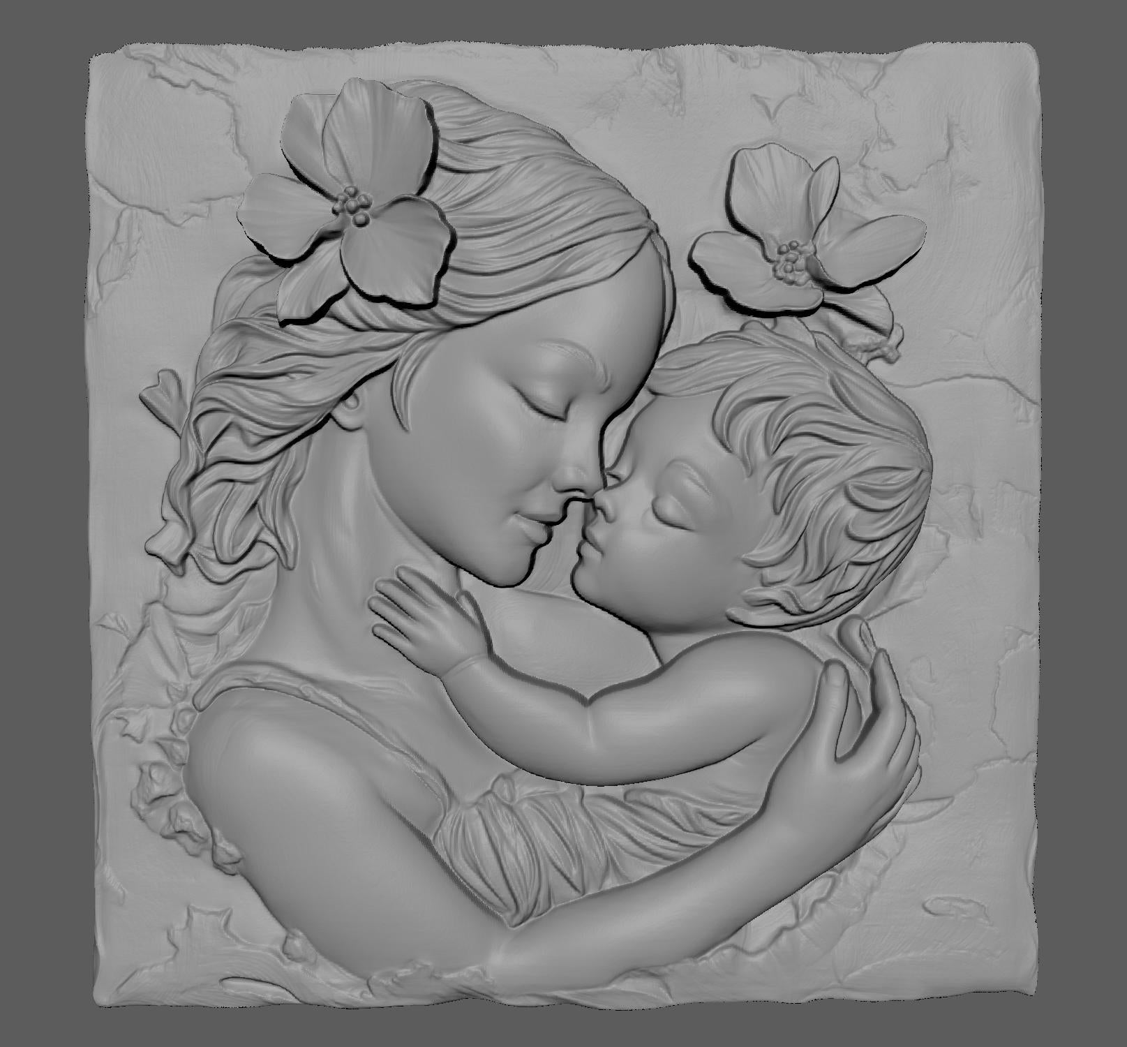 Mother & Child Wood Carving: CNC Laser Engraving STL Model (Digital Download)