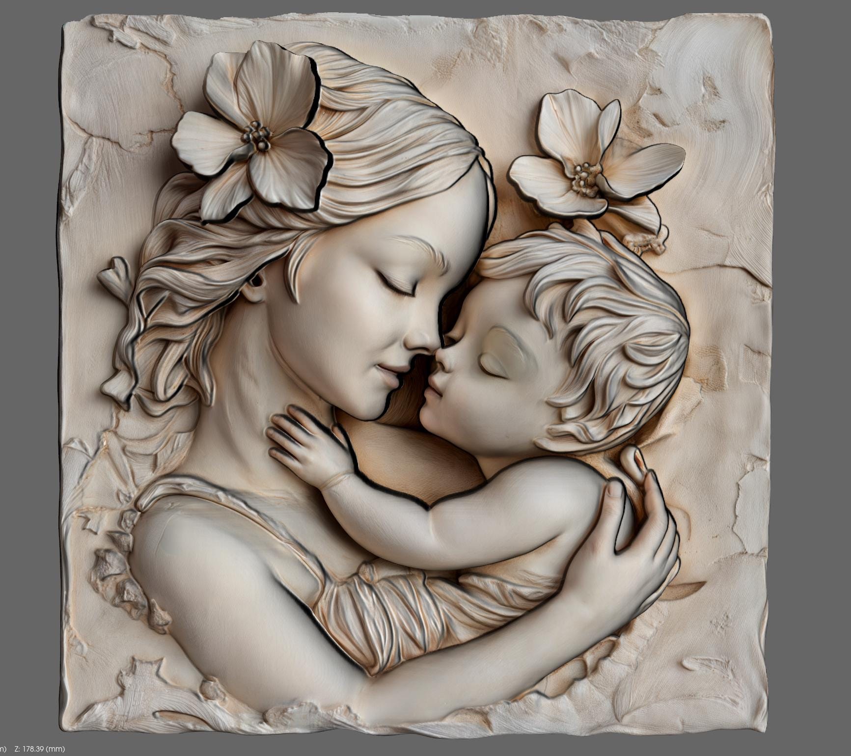 Mother and child 3D relief model showing a tender hug, symbolizing love, peace, and maternal care. Ideal for Mother’s Day gifts or religious decor, this STL digital file is perfect for CNC wood carving, 3D printing, and laser engraving. The design includes floral details and a flowing composition that works well on wood, resin, or stone. Great for wall art, keepsakes, or personalized gifts. A meaningful carving for home decor, religious art lovers, or heartfelt custom projects.