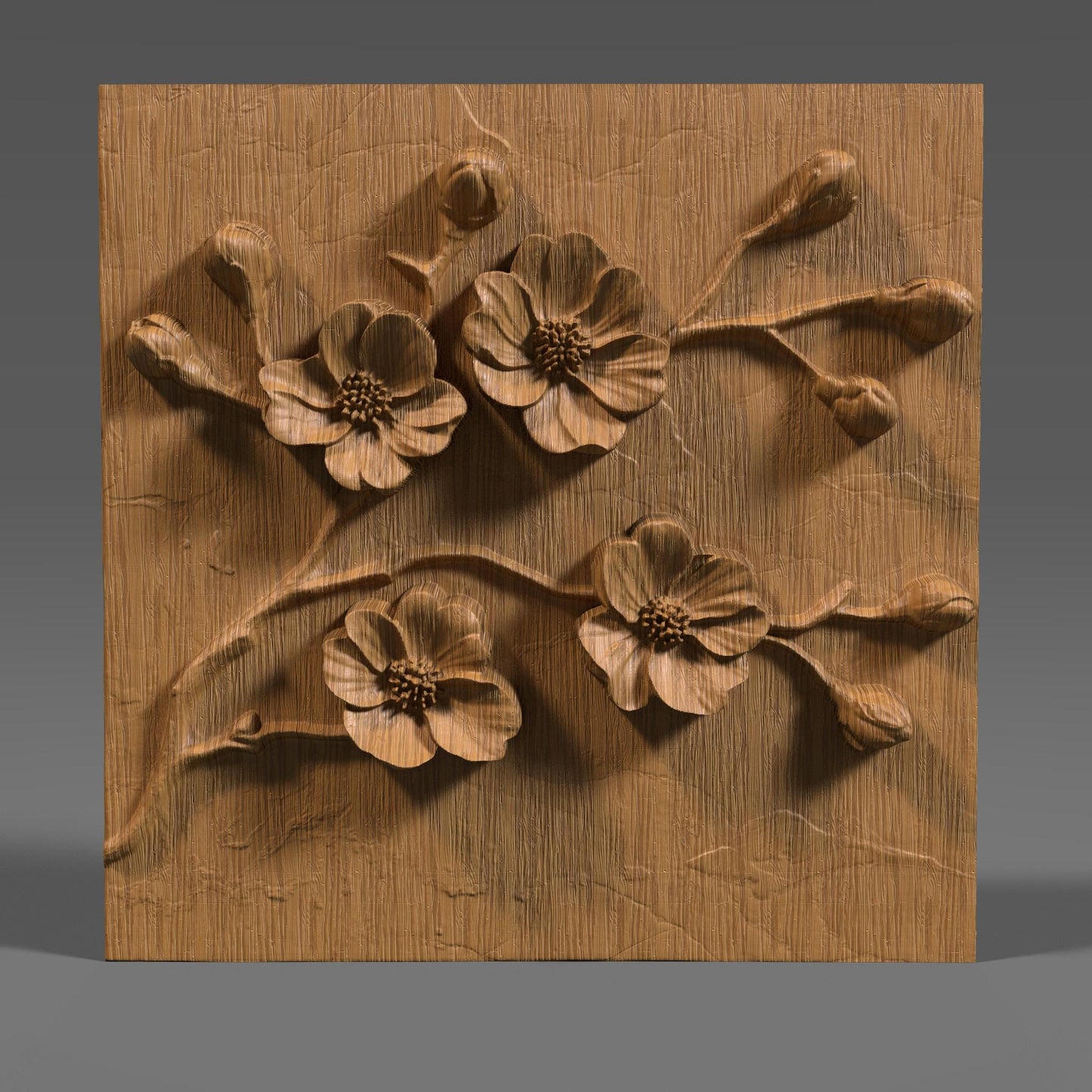 Detailed 3D STL floral relief design featuring cherry blossom-style flowers and delicate branches, framed in a clean square layout. Ideal for CNC wood carving, laser engraving, or 3D printing on wood, resin, or stone. Perfect for creating elegant wall art, decorative panels, home décor, or gifts. The intricate petal shapes and natural composition add a touch of botanical beauty to any project, making it a standout digital download for craft and carving enthusiasts.