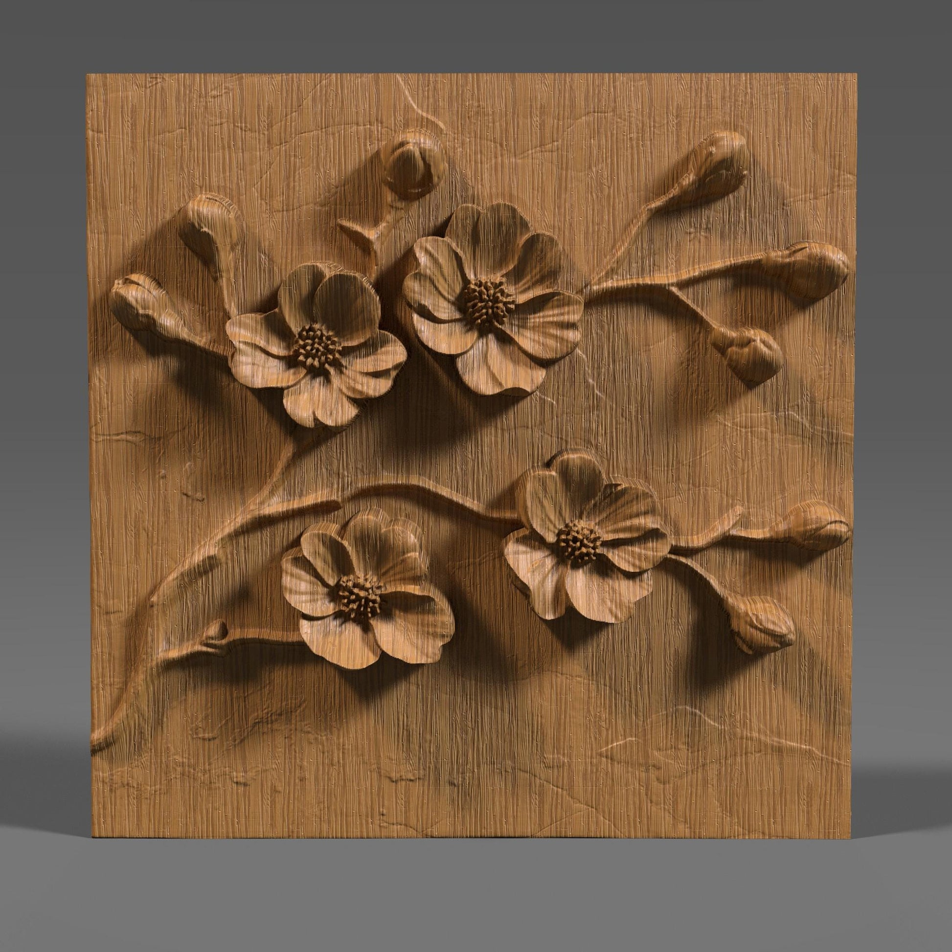 Detailed 3D STL floral relief design featuring cherry blossom-style flowers and delicate branches, framed in a clean square layout. Ideal for CNC wood carving, laser engraving, or 3D printing on wood, resin, or stone. Perfect for creating elegant wall art, decorative panels, home décor, or gifts. The intricate petal shapes and natural composition add a touch of botanical beauty to any project, making it a standout digital download for craft and carving enthusiasts.