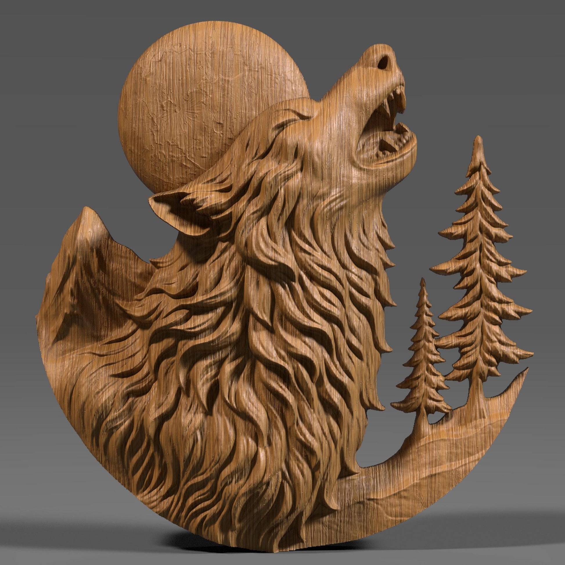 Detailed 3D STL bas relief of a howling wolf silhouetted against a glowing full pink moon, with trees and forest elements framing the scene. This dramatic design is ideal for CNC wood carving, laser engraving, or 3D printing on wood, resin, or stone. Perfect for nature lovers, moon watchers, and wildlife art collectors. A striking digital download for wall art, rustic decor, cabin gifts, or April Pink Moon seasonal projects.