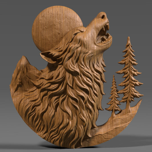 Detailed 3D STL bas relief of a howling wolf silhouetted against a glowing full pink moon, with trees and forest elements framing the scene. This dramatic design is ideal for CNC wood carving, laser engraving, or 3D printing on wood, resin, or stone. Perfect for nature lovers, moon watchers, and wildlife art collectors. A striking digital download for wall art, rustic decor, cabin gifts, or April Pink Moon seasonal projects.