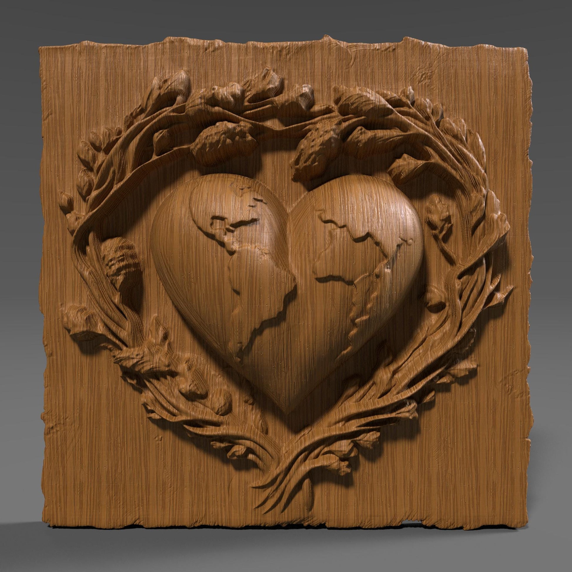 A beautifully carved 3D bas relief design showing a heart-shaped Earth surrounded by blooming branches, symbolizing love and protection for our planet. The continents are engraved onto the heart, emphasizing global unity and environmental care. Ideal for Earth Day-themed CNC wood carving, laser engraving, digital download, eco-friendly gifts, or wall decor.
