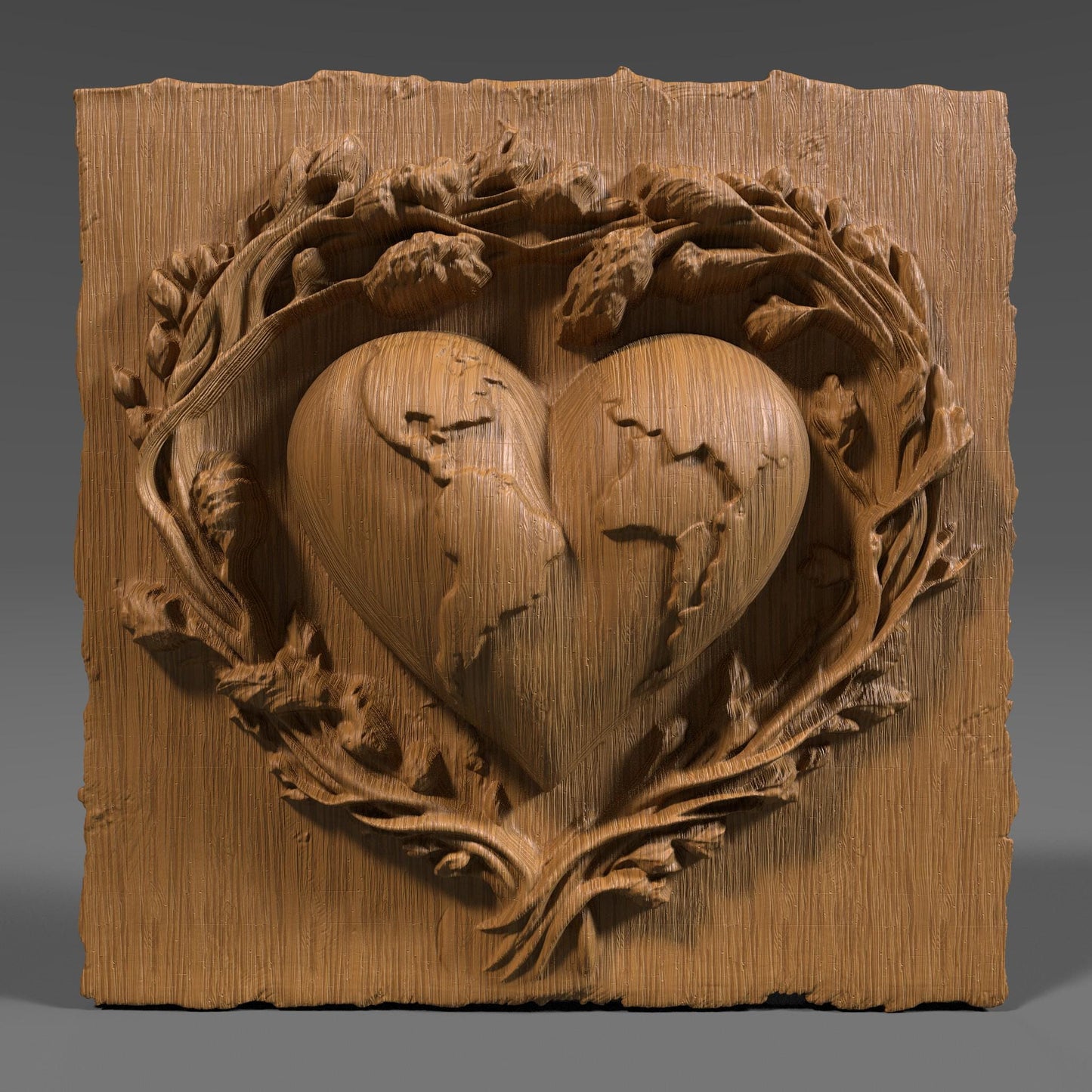 A beautifully carved 3D bas relief design showing a heart-shaped Earth surrounded by blooming branches, symbolizing love and protection for our planet. The continents are engraved onto the heart, emphasizing global unity and environmental care. Ideal for Earth Day-themed CNC wood carving, laser engraving, digital download, eco-friendly gifts, or wall decor.
