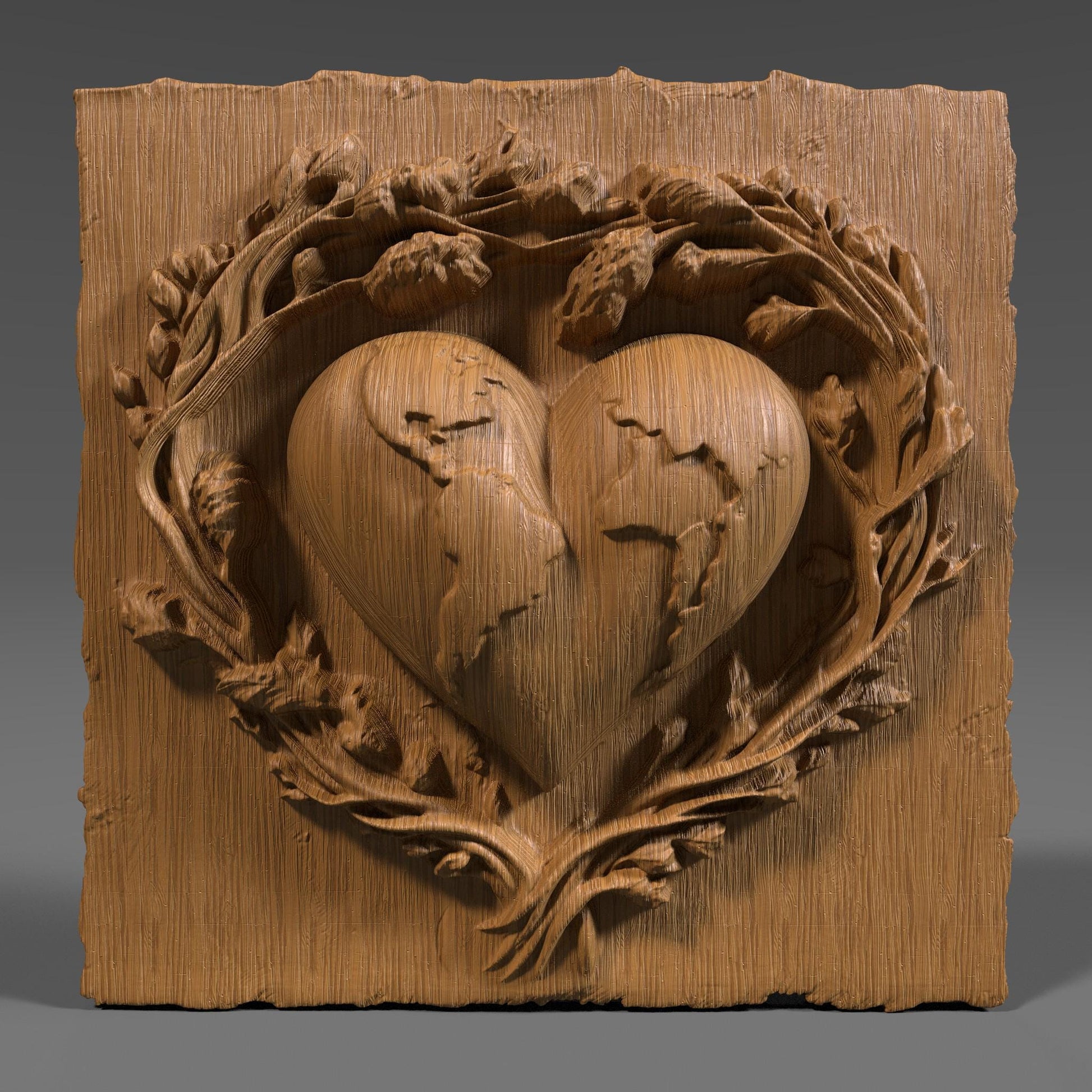 A beautifully carved 3D bas relief design showing a heart-shaped Earth surrounded by blooming branches, symbolizing love and protection for our planet. The continents are engraved onto the heart, emphasizing global unity and environmental care. Ideal for Earth Day-themed CNC wood carving, laser engraving, digital download, eco-friendly gifts, or wall decor.