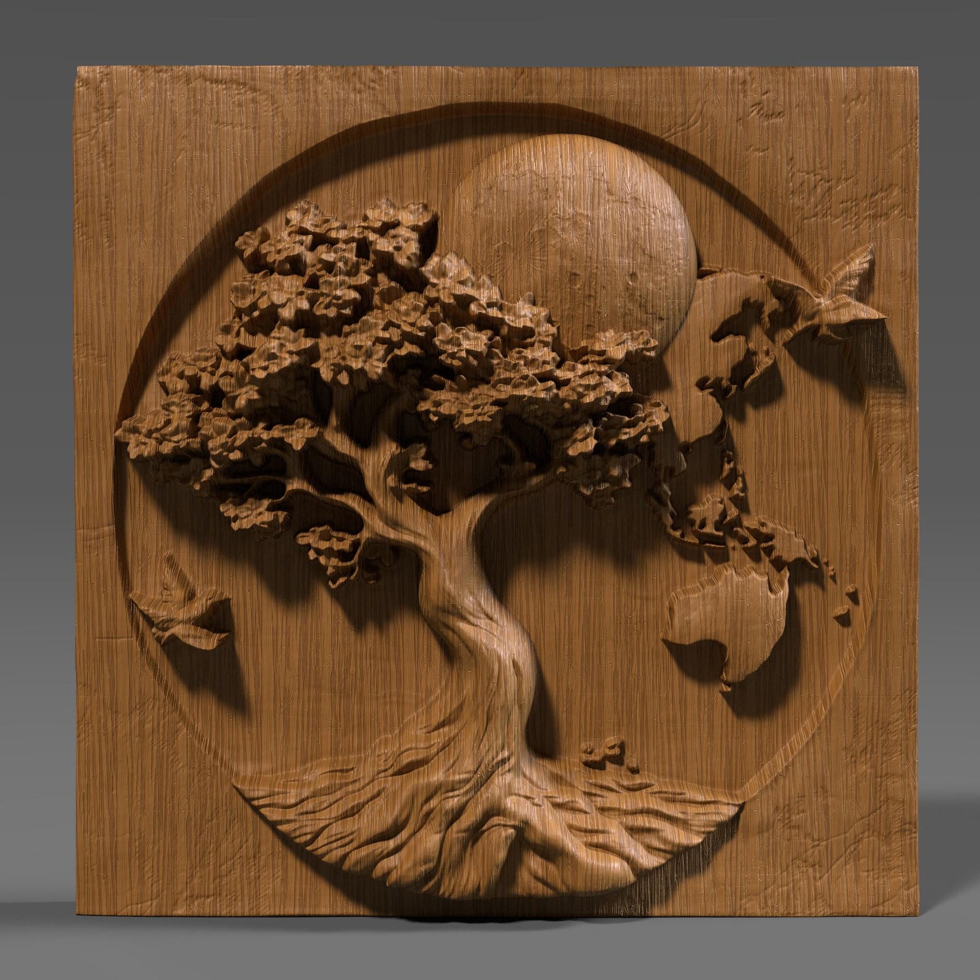 A detailed 3D wood carving of a tree symbolizing Earth and nature, with branches extending into a world map design. The carving includes textured roots, a rounded moon in the background, and birds flying on either side, all framed within a circular border. This bas relief is ideal for Earth Day décor, environmental awareness art, or nature-themed wood engraving projects.