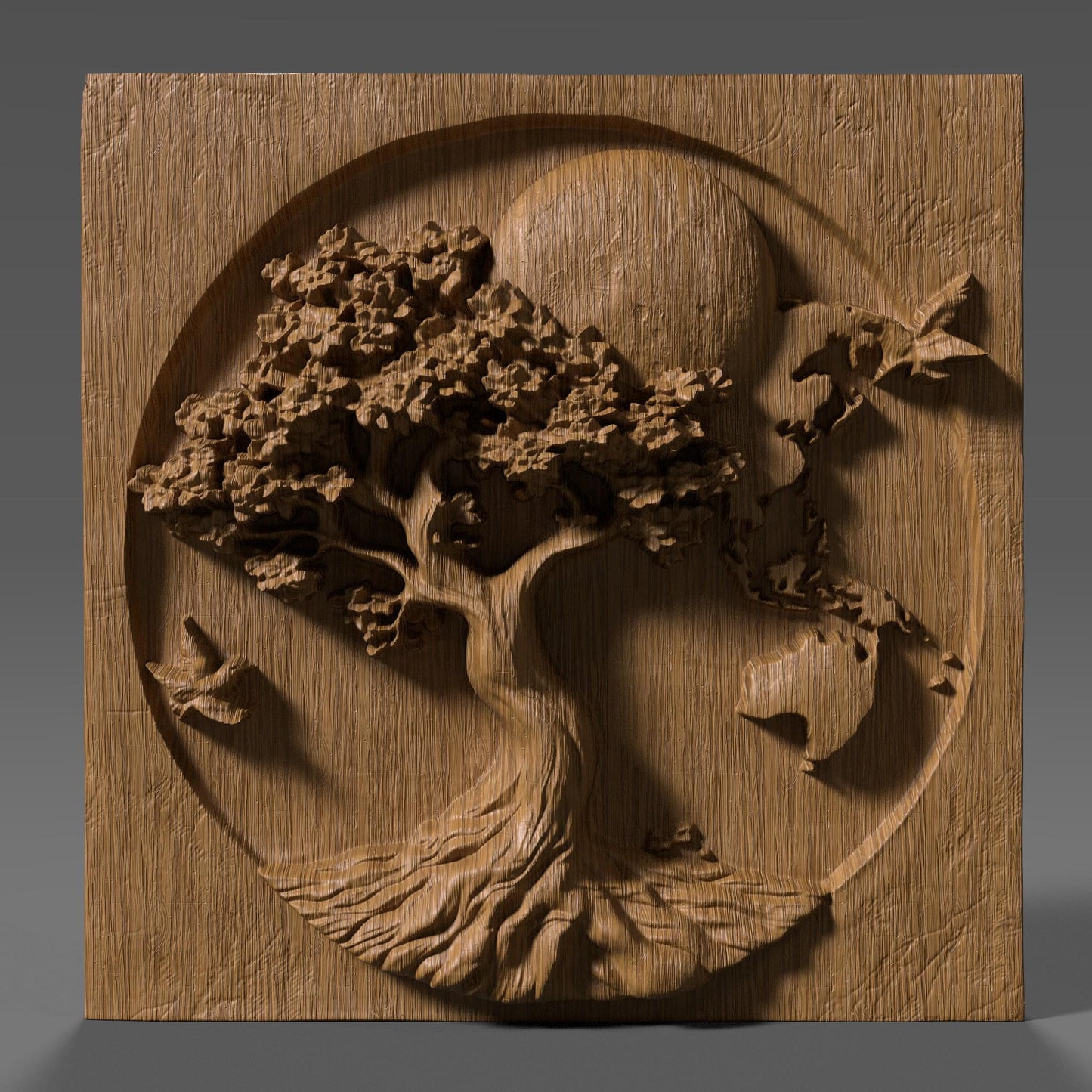 A detailed 3D wood carving of a tree symbolizing Earth and nature, with branches extending into a world map design. The carving includes textured roots, a rounded moon in the background, and birds flying on either side, all framed within a circular border. This bas relief is ideal for Earth Day décor, environmental awareness art, or nature-themed wood engraving projects.