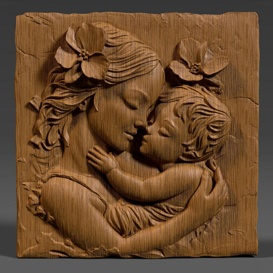 Mother and child 3D relief model showing a tender hug, symbolizing love, peace, and maternal care. Ideal for Mother’s Day gifts or religious decor, this STL digital file is perfect for CNC wood carving, 3D printing, and laser engraving. The design includes floral details and a flowing composition that works well on wood, resin, or stone. Great for wall art, keepsakes, or personalized gifts. A meaningful carving for home decor, religious art lovers, or heartfelt custom projects.