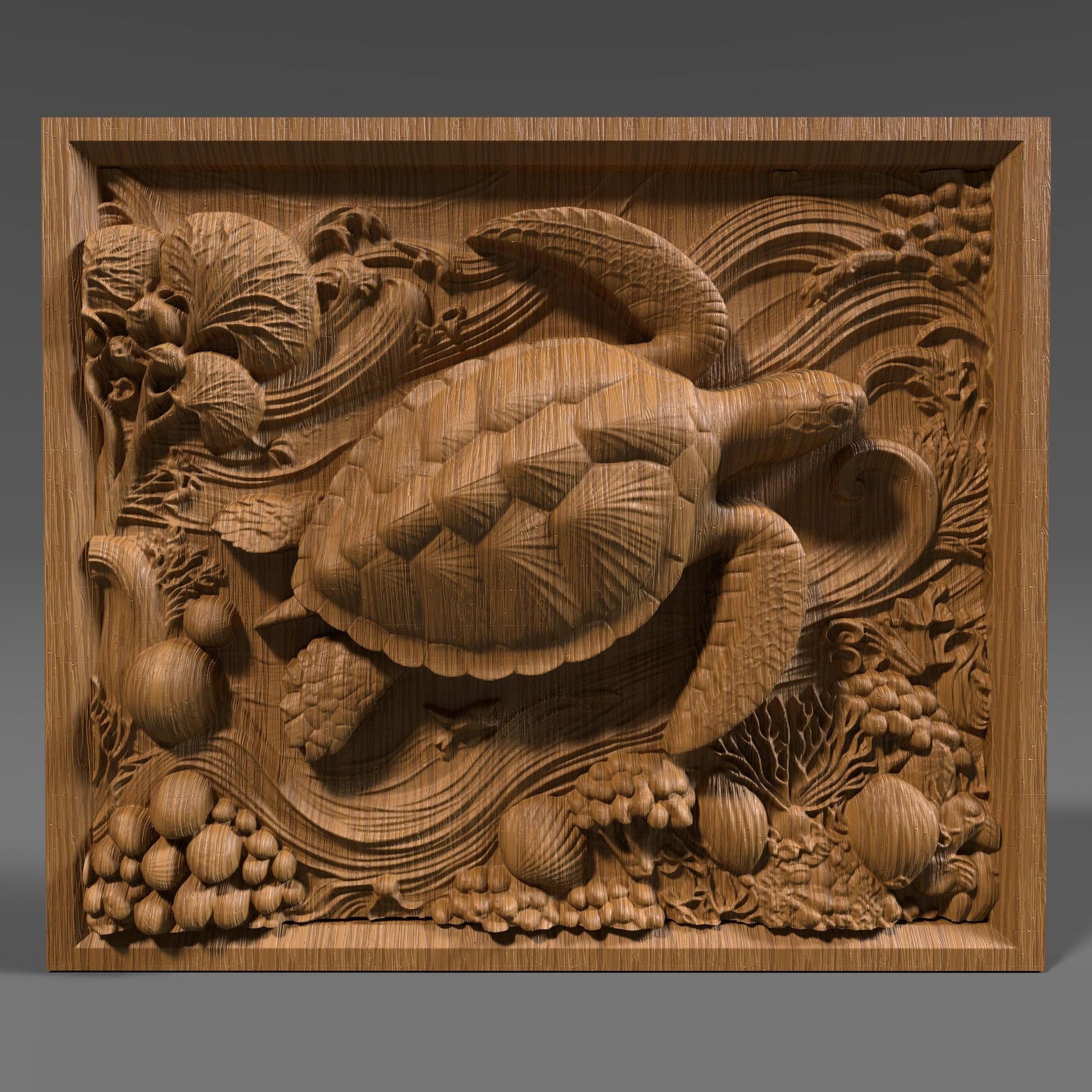 Highly detailed 3D STL bas relief of a sea turtle swimming through an ocean scene, surrounded by coral, seashells, and underwater plants. This rectangular design features flowing water textures and organic shapes, ideal for CNC wood carving, laser engraving, or 3D printing. A perfect digital download for ocean lovers, marine decor, or wildlife wall art. Great for makers, hobbyists, or nature-inspired artistic projects.