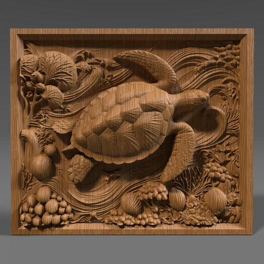 Highly detailed 3D STL bas relief of a sea turtle swimming through an ocean scene, surrounded by coral, seashells, and underwater plants. This rectangular design features flowing water textures and organic shapes, ideal for CNC wood carving, laser engraving, or 3D printing. A perfect digital download for ocean lovers, marine decor, or wildlife wall art. Great for makers, hobbyists, or nature-inspired artistic projects.
