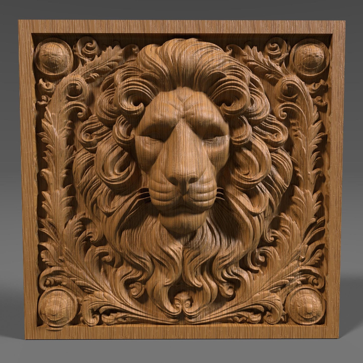 Majestic lion head 3D bas relief with intricate mane detail, surrounded by elegant ornamental flourishes in a square frame. This digital STL file is perfect for CNC wood carving, laser engraving, or 3D printing. The regal lion symbolizes strength and courage, making it ideal for wall decor, furniture panels, or bold artistic statements. Precision-crafted for makers, hobbyists, and decorative art enthusiasts.