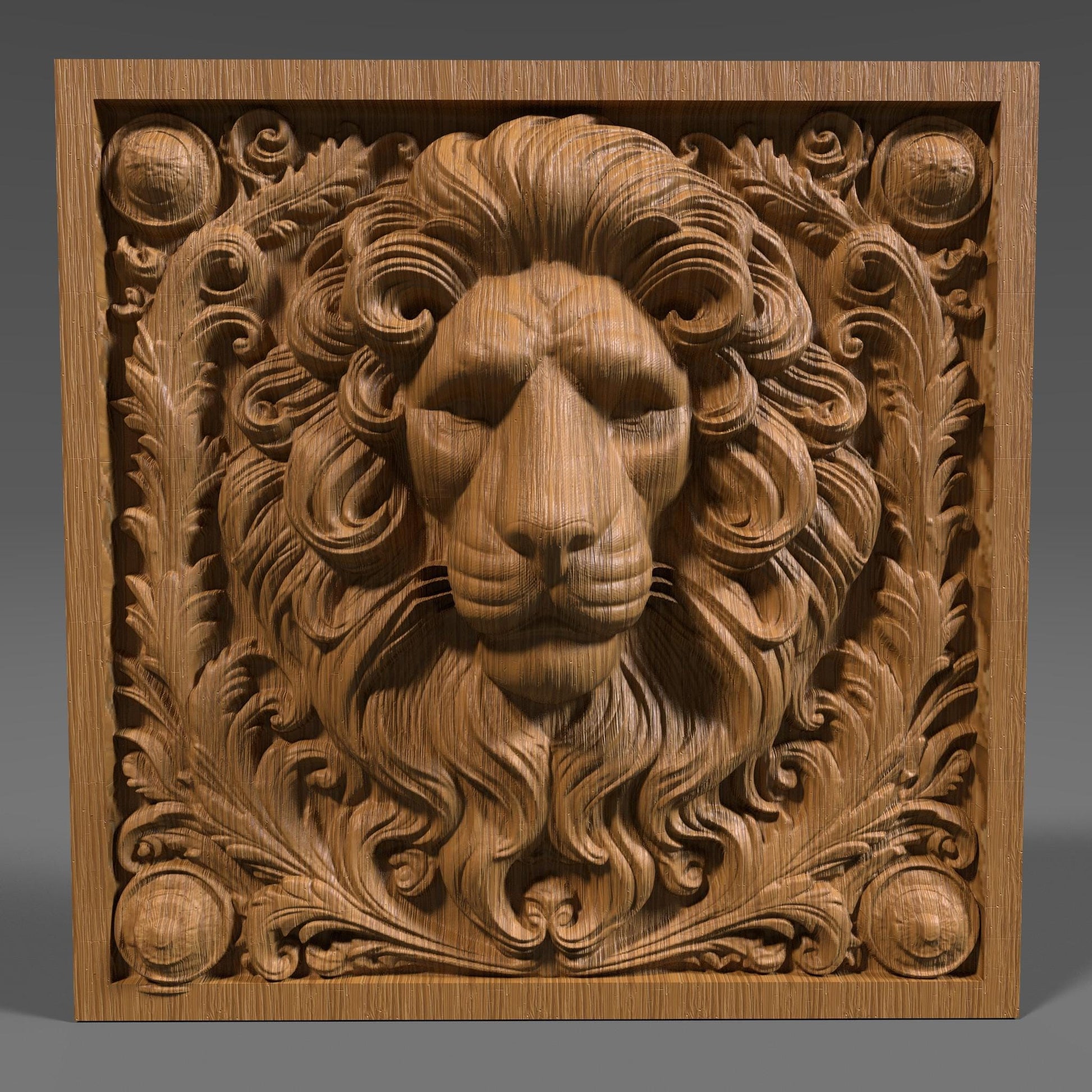 Majestic lion head 3D bas relief with intricate mane detail, surrounded by elegant ornamental flourishes in a square frame. This digital STL file is perfect for CNC wood carving, laser engraving, or 3D printing. The regal lion symbolizes strength and courage, making it ideal for wall decor, furniture panels, or bold artistic statements. Precision-crafted for makers, hobbyists, and decorative art enthusiasts.