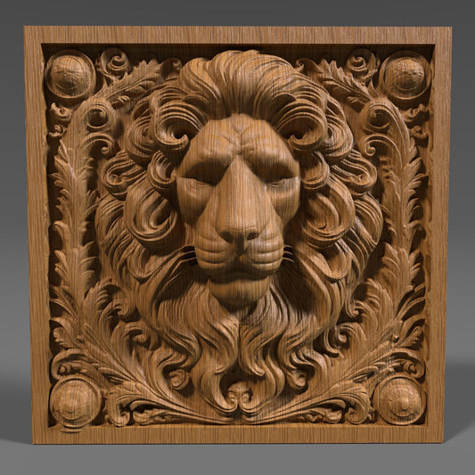Majestic lion head 3D bas relief with intricate mane detail, surrounded by elegant ornamental flourishes in a square frame. This digital STL file is perfect for CNC wood carving, laser engraving, or 3D printing. The regal lion symbolizes strength and courage, making it ideal for wall decor, furniture panels, or bold artistic statements. Precision-crafted for makers, hobbyists, and decorative art enthusiasts.
