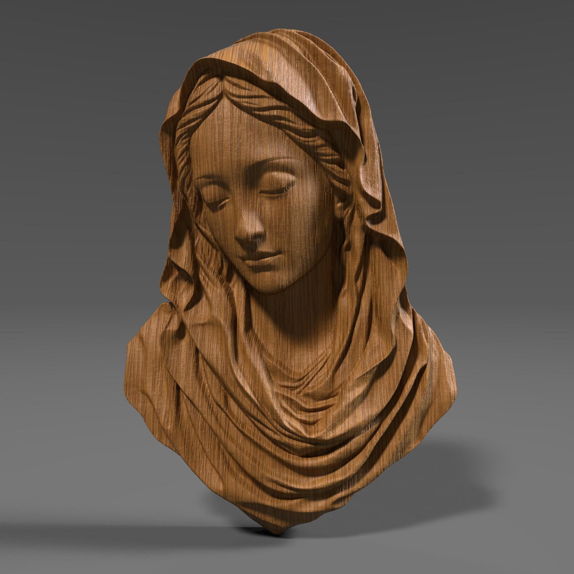 3D wood carving of the Virgin Mary with a serene, downward gaze, sculpted in a smooth bas relief style. The figure wears a flowing hooded robe, with delicate details around the face and folds of the fabric. Rendered in a natural wood texture, this digital model is ideal for CNC carving, laser engraving, and 3D printing. A symbolic and spiritual piece representing purity and devotion, perfect for religious wall art, Catholic decor, and Easter or Christmas gifts.