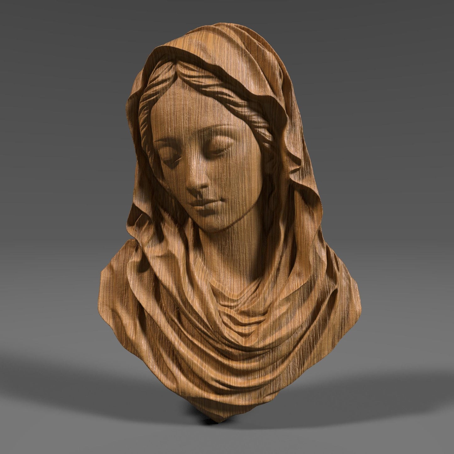 3D wood carving of the Virgin Mary with a serene, downward gaze, sculpted in a smooth bas relief style. The figure wears a flowing hooded robe, with delicate details around the face and folds of the fabric. Rendered in a natural wood texture, this digital model is ideal for CNC carving, laser engraving, and 3D printing. A symbolic and spiritual piece representing purity and devotion, perfect for religious wall art, Catholic decor, and Easter or Christmas gifts.
