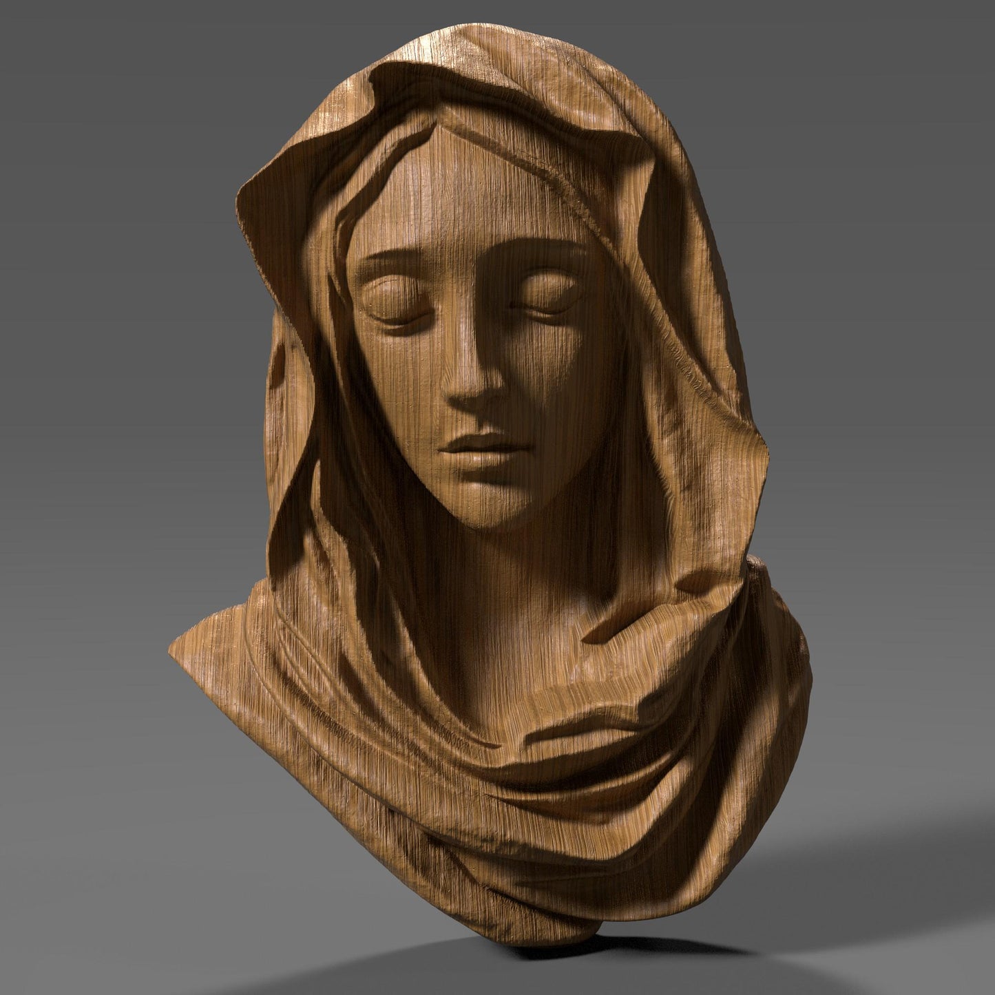 3D wood carving of the Virgin Mary with a serene, downward gaze, sculpted in a smooth bas relief style. The figure wears a flowing hooded robe, with delicate details around the face and folds of the fabric. Rendered in a natural wood texture, this digital model is ideal for CNC carving, laser engraving, and 3D printing. A symbolic and spiritual piece representing purity and devotion, perfect for religious wall art, Catholic decor, and Easter or Christmas gifts.