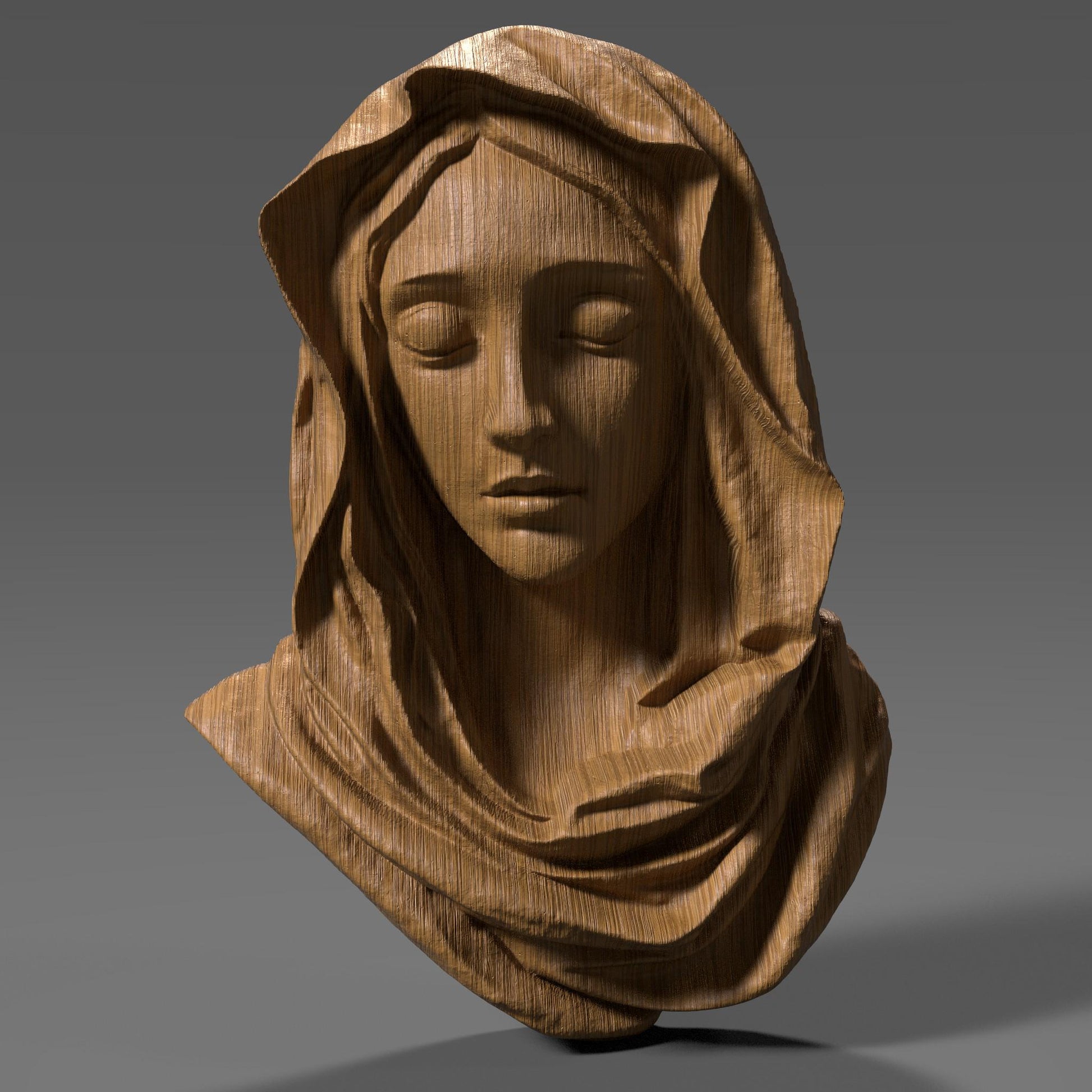 3D wood carving of the Virgin Mary with a serene, downward gaze, sculpted in a smooth bas relief style. The figure wears a flowing hooded robe, with delicate details around the face and folds of the fabric. Rendered in a natural wood texture, this digital model is ideal for CNC carving, laser engraving, and 3D printing. A symbolic and spiritual piece representing purity and devotion, perfect for religious wall art, Catholic decor, and Easter or Christmas gifts.