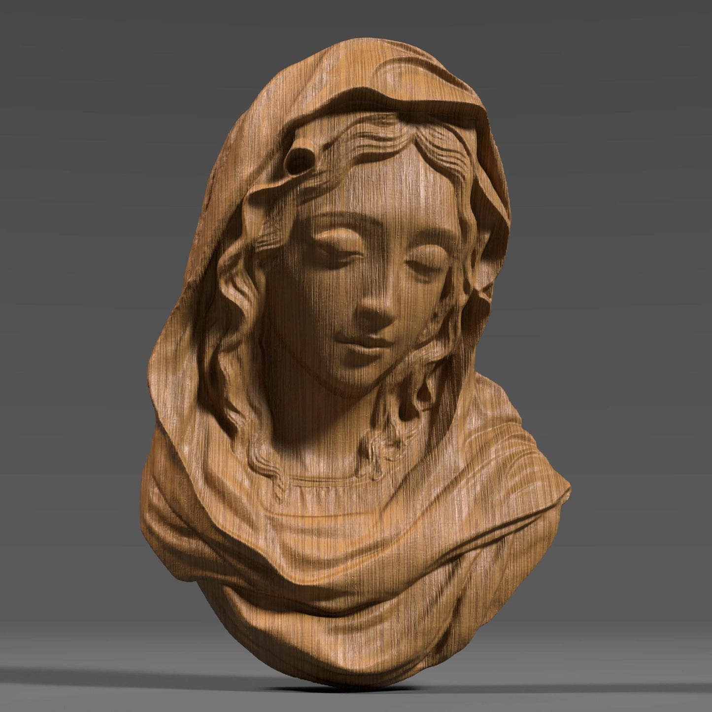 3D wood carving of the Virgin Mary with a serene, downward gaze, sculpted in a smooth bas relief style. The figure wears a flowing hooded robe, with delicate details around the face and folds of the fabric. Rendered in a natural wood texture, this digital model is ideal for CNC carving, laser engraving, and 3D printing. A symbolic and spiritual piece representing purity and devotion, perfect for religious wall art, Catholic decor, and Easter or Christmas gifts.