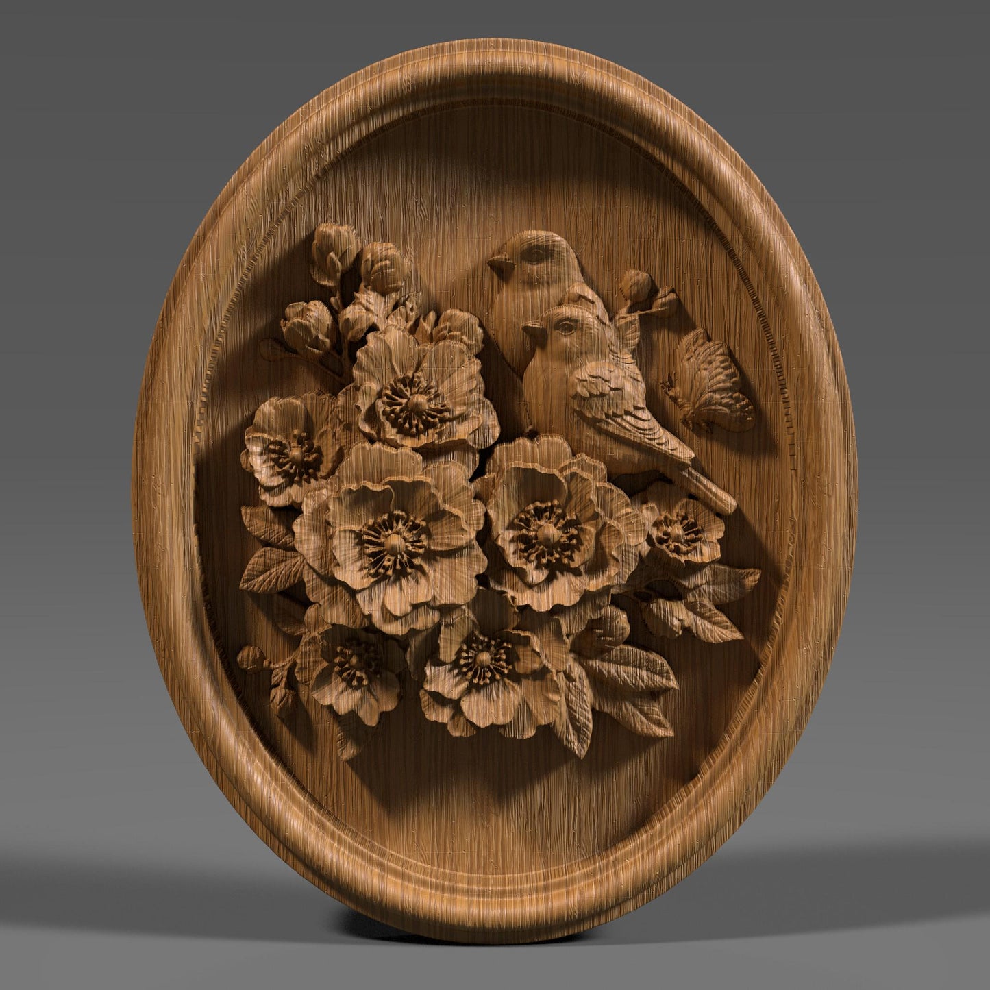 Intricate 3D bas relief of two birds resting among blooming cherry blossom flowers, surrounded by detailed leaves and a butterfly, all enclosed in a smooth oval frame. Designed for CNC wood carving, laser engraving, and digital download for nature-inspired home decor