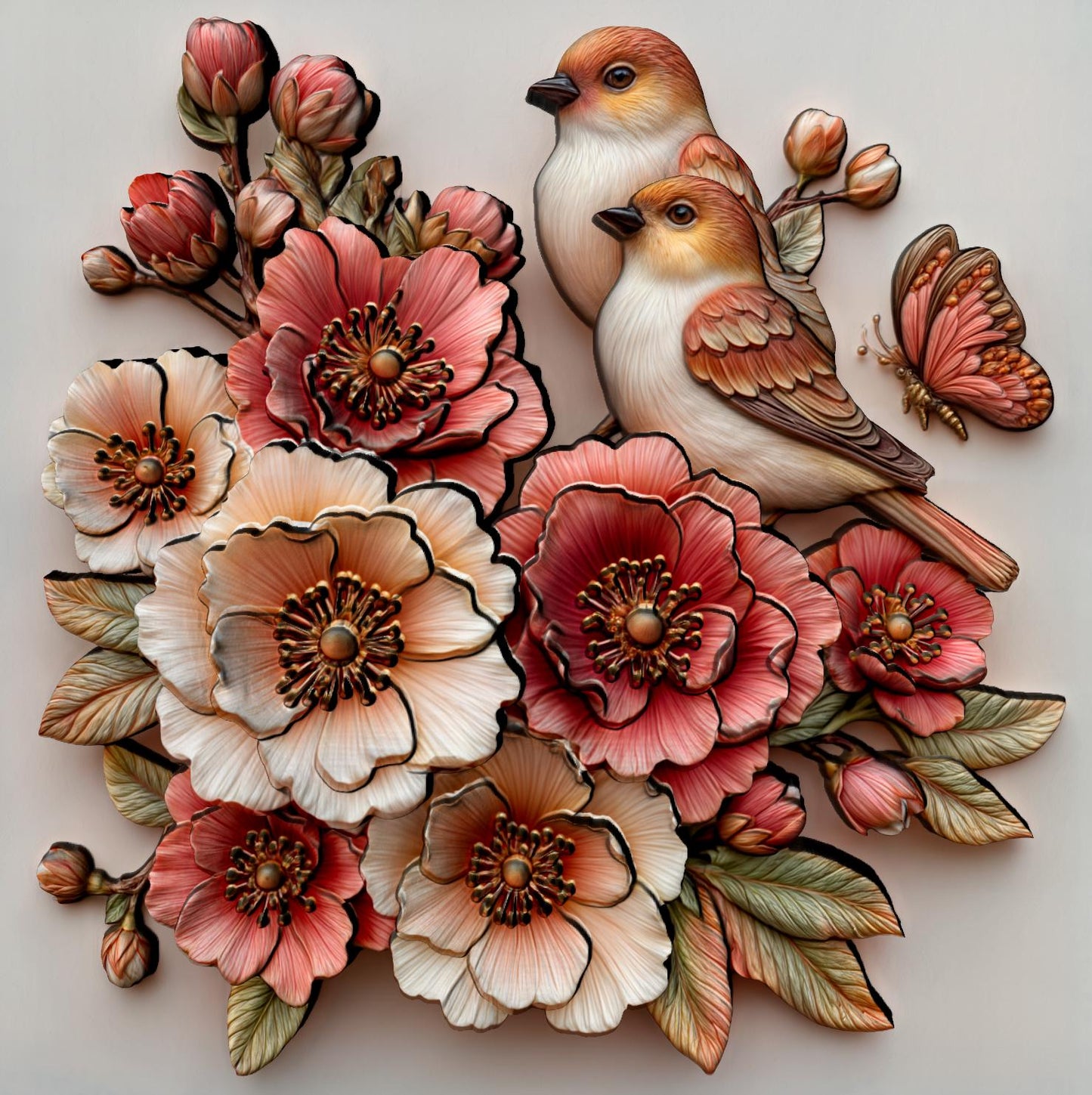 Intricate 3D bas relief of two birds resting among blooming cherry blossom flowers, surrounded by detailed leaves and a butterfly, all enclosed in a smooth oval frame. Designed for CNC wood carving, laser engraving, and digital download for nature-inspired home decor