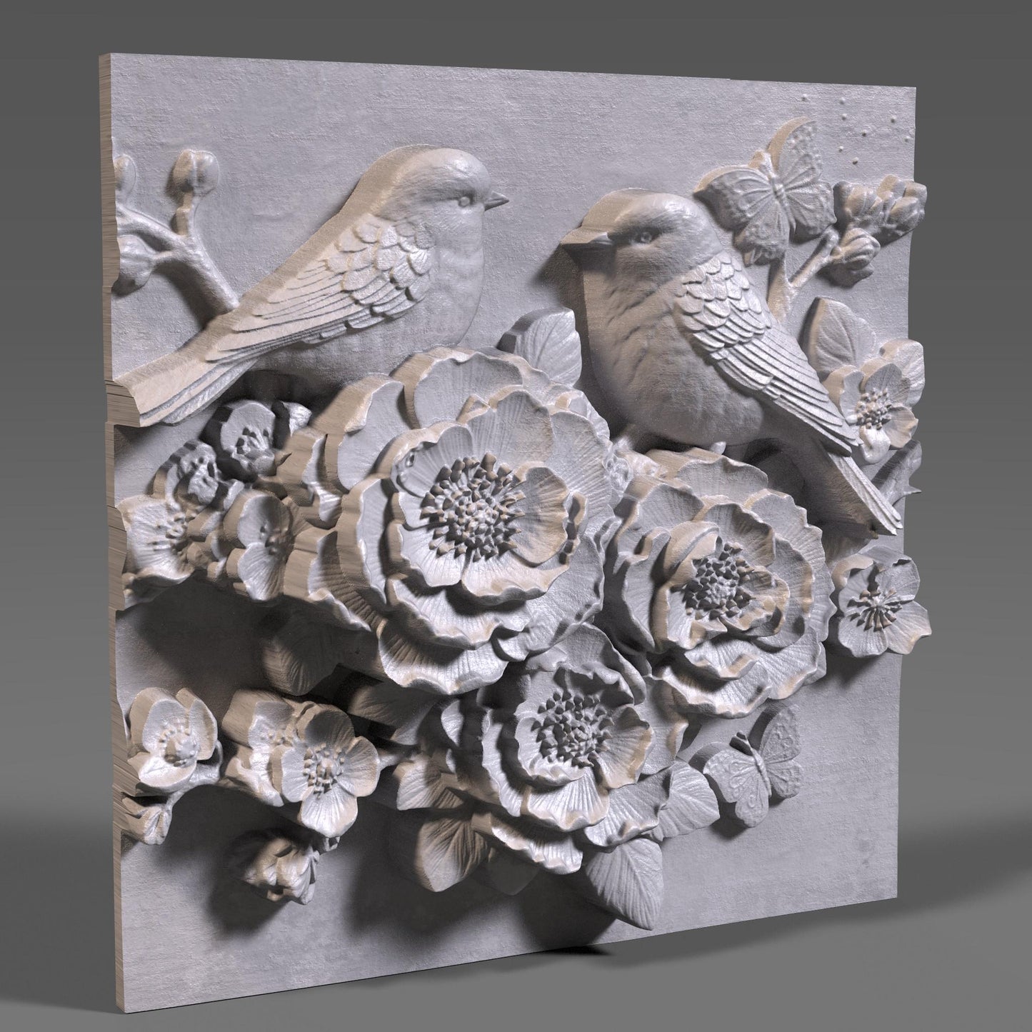 Cherry Blossom Birds 3D Relief STL File: Floral CNC Carving (Digital Download)
