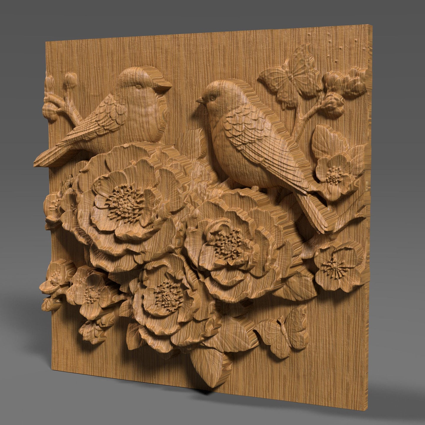 Cherry Blossom Birds 3D Relief STL File: Floral CNC Carving (Digital Download)