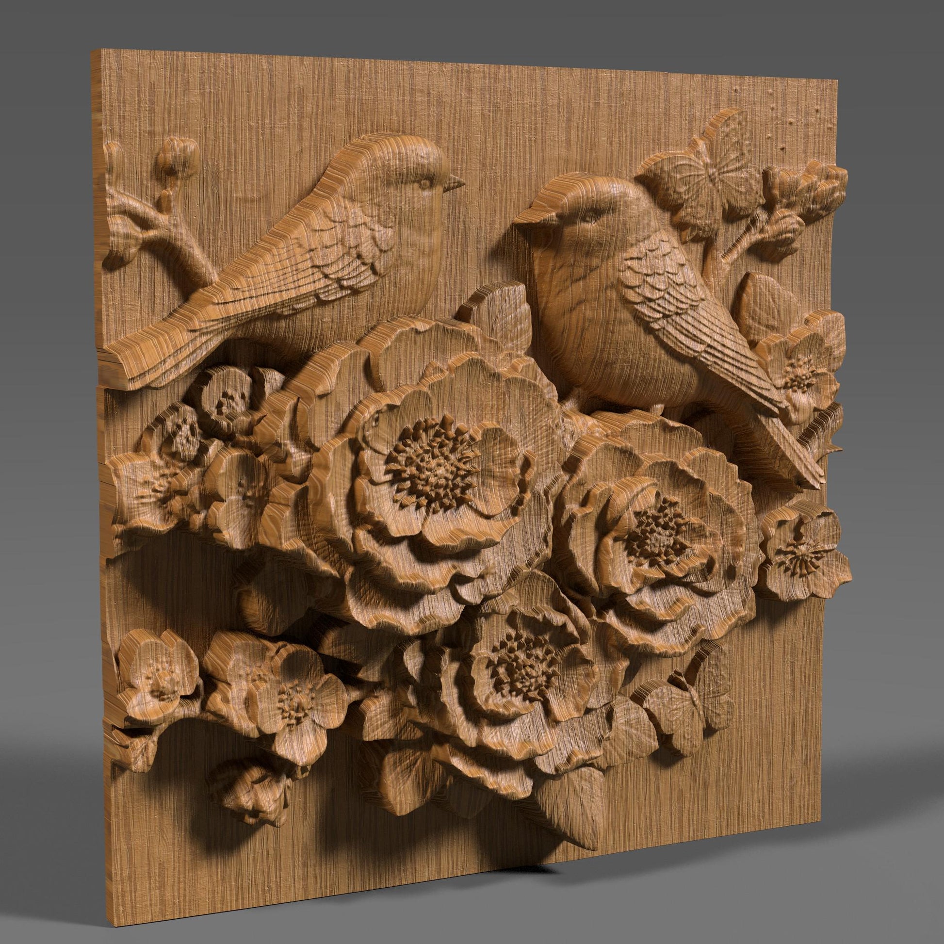 Cherry Blossom Birds 3D Relief STL File: Floral CNC Carving (Digital Download)