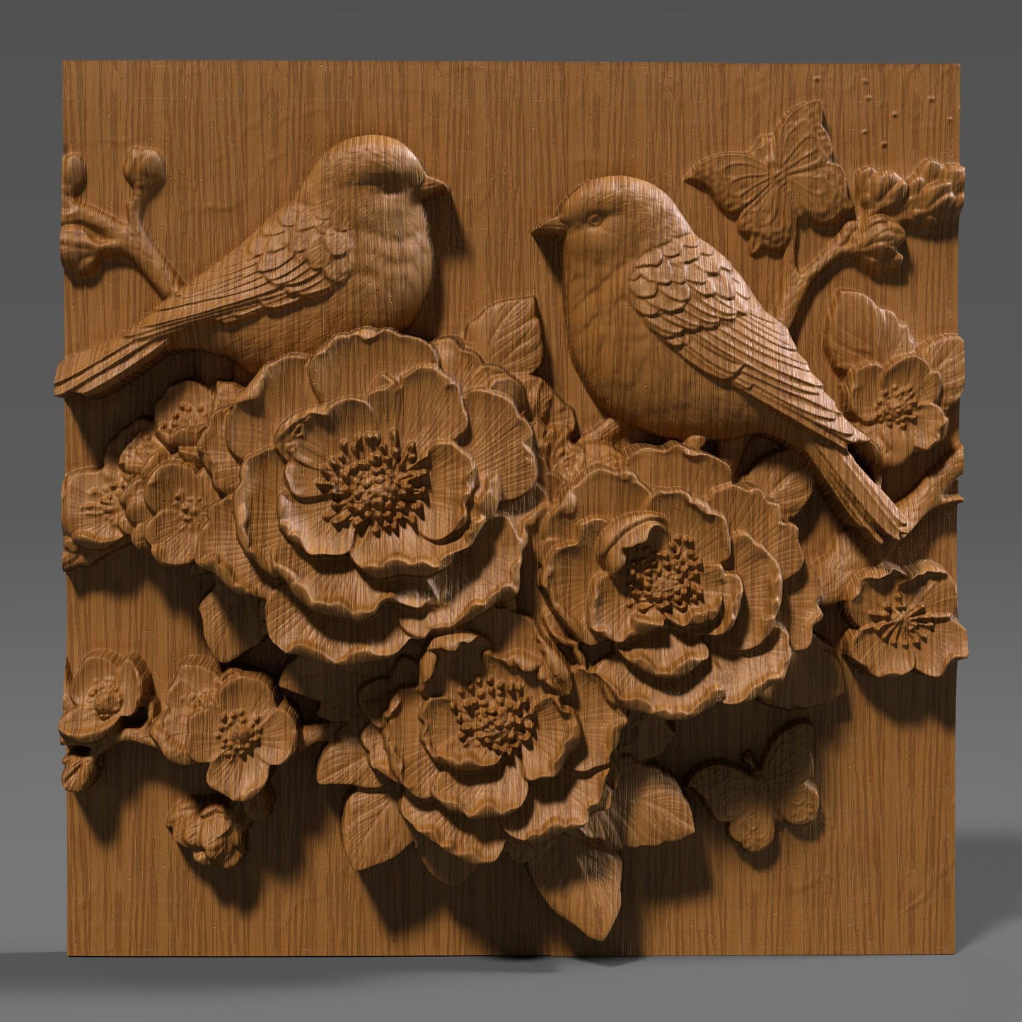 Cherry Blossom Birds 3D Relief STL File: Floral CNC Carving (Digital Download)