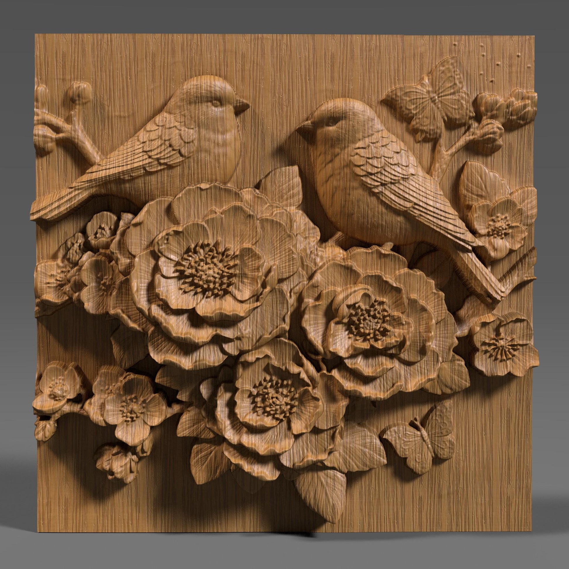 Intricate 3D bas relief of two birds resting among blooming cherry blossom flowers, surrounded by detailed leaves and a butterfly, all enclosed in a smooth oval frame. Designed for CNC wood carving, laser engraving, and digital download for nature-inspired home decor