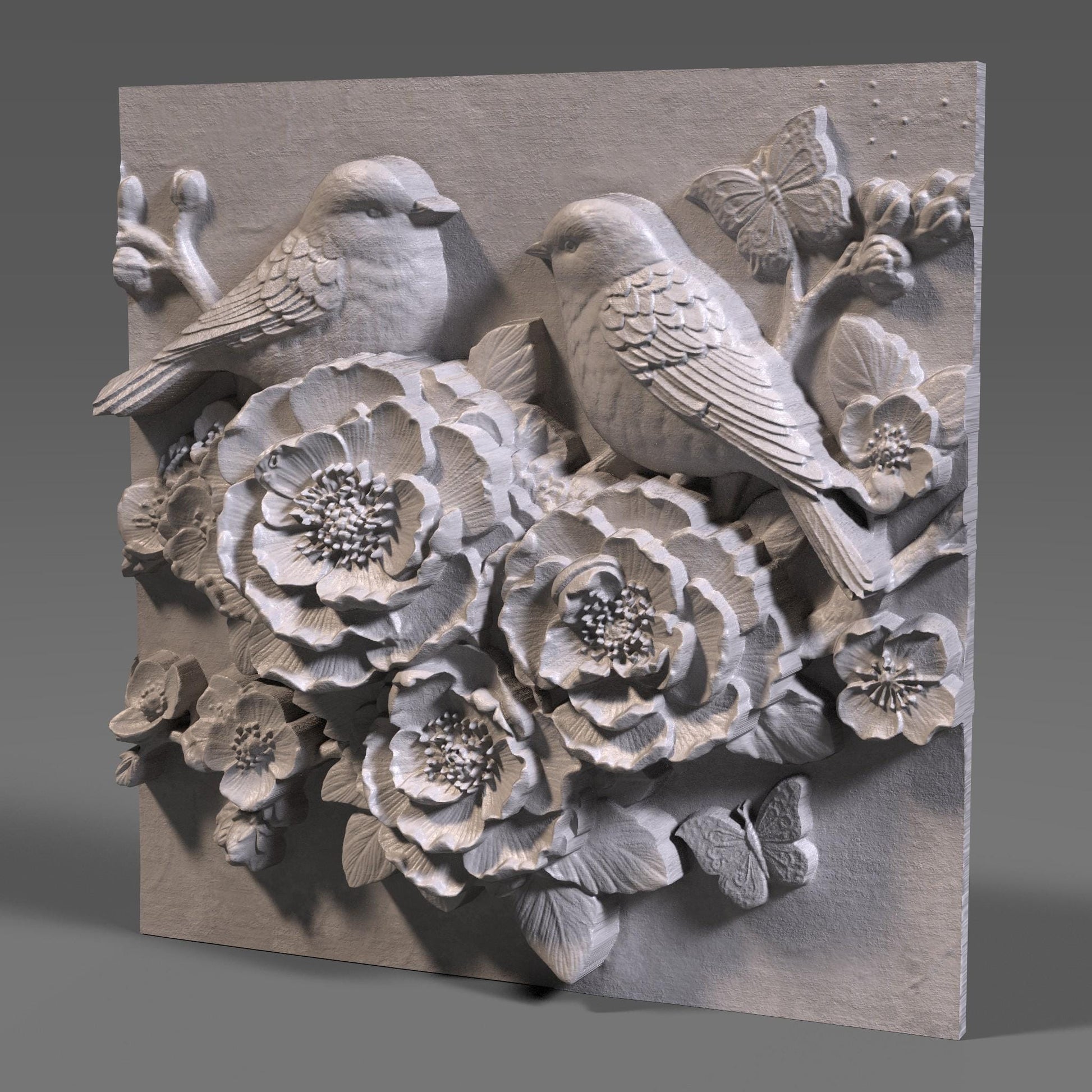 Intricate 3D bas relief of two birds resting among blooming cherry blossom flowers, surrounded by detailed leaves and a butterfly, all enclosed in a smooth oval frame. Designed for CNC wood carving, laser engraving, and digital download for nature-inspired home decor