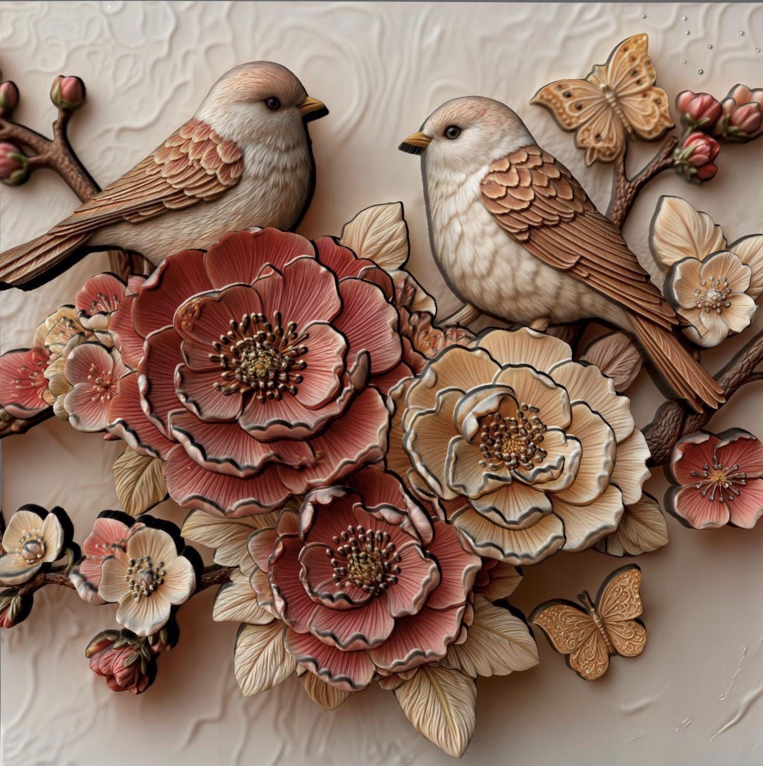Intricate 3D bas relief of two birds resting among blooming cherry blossom flowers, surrounded by detailed leaves and a butterfly, all enclosed in a smooth oval frame. Designed for CNC wood carving, laser engraving, and digital download for nature-inspired home decor