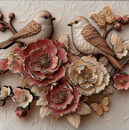Cherry Blossom Birds 3D Relief STL File: Floral CNC Carving (Digital Download)
