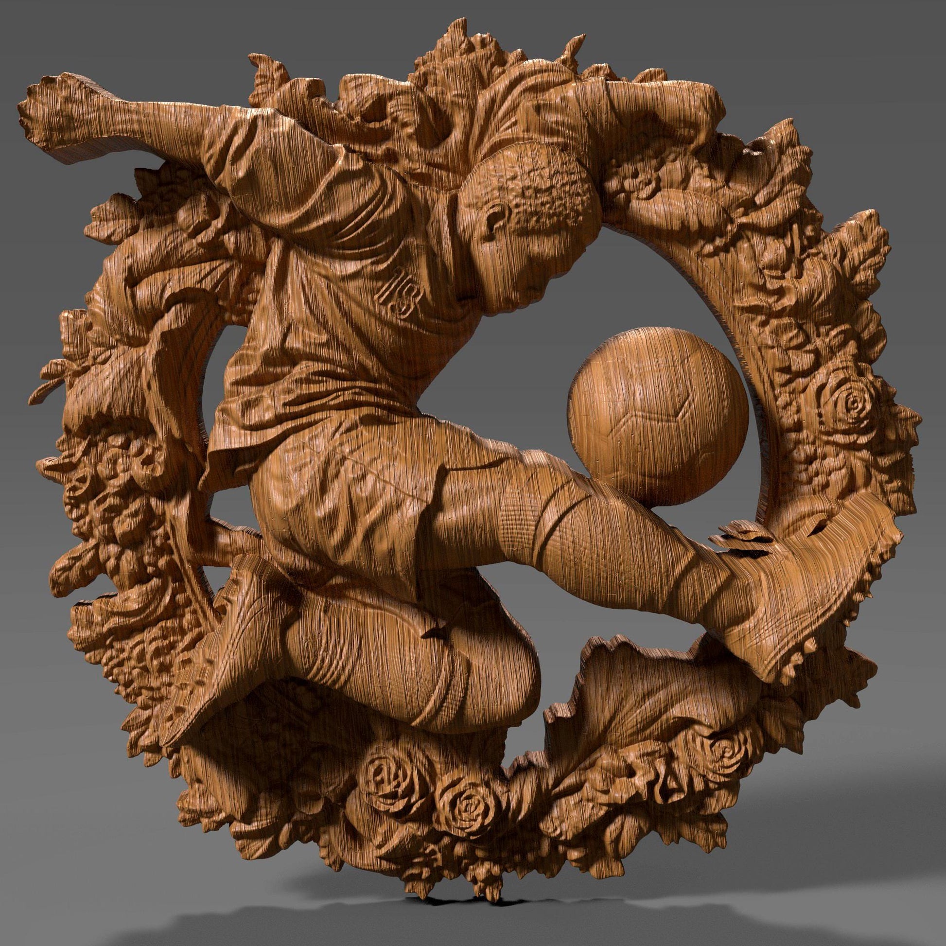 3D bas relief artwork of a dynamic male soccer player performing a powerful kick, surrounded by an ornate circular floral wreath. The athlete wears a jersey with the number 19 and is depicted mid-action with intense focus, about to strike a classic paneled soccer ball. The sculpted frame features detailed roses, leaves, and natural elements, all rendered in a carved wood finish. Ideal for CNC carving, laser engraving, or sports-themed wall decor.