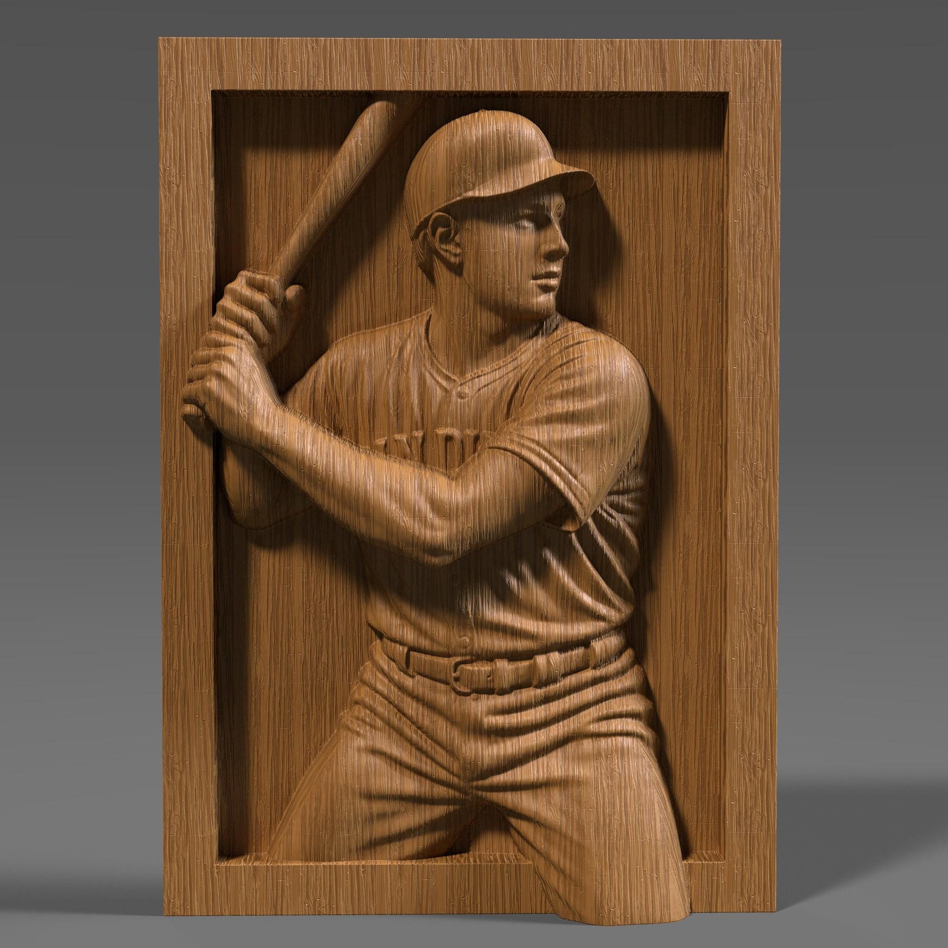 San Diego Baseball Player 3D STL bas relief showing a detailed male athlete in batting stance, wearing a cap and jersey with “San Diego” across the chest. Framed rectangular panel ideal for CNC wood carving, laser engraving, or 3D printing. Perfect digital download for sports fans, wall art, man cave decor, or personalized gifts. High-resolution STL designed for makers and hobbyists seeking baseball-themed artwork.
